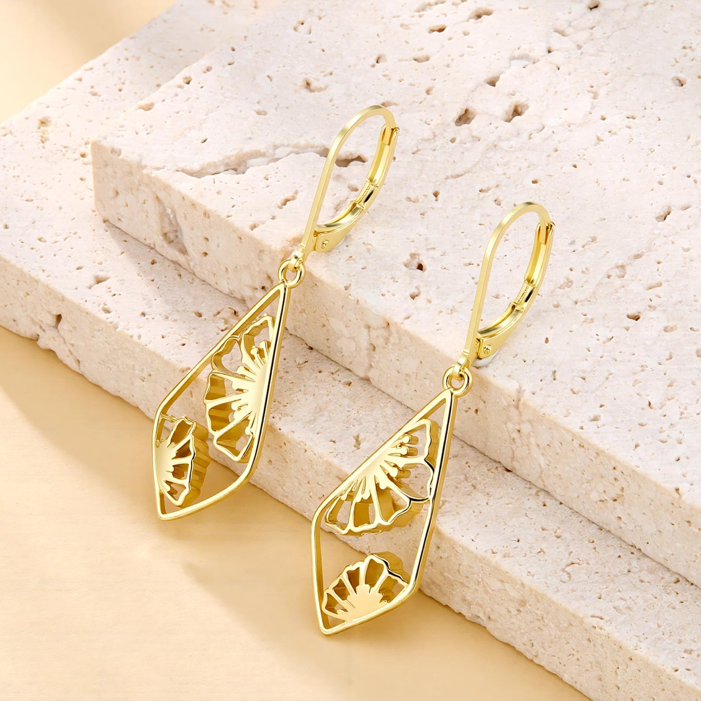 Gold Dangle Earrings for Women Hypoallergenic Filigree Flower Double-Sided Carved Dangle Earrings Lightweight Geometric Drop Earings 14K Gold Plated Leverback Earring for Women Jewelry Gifts