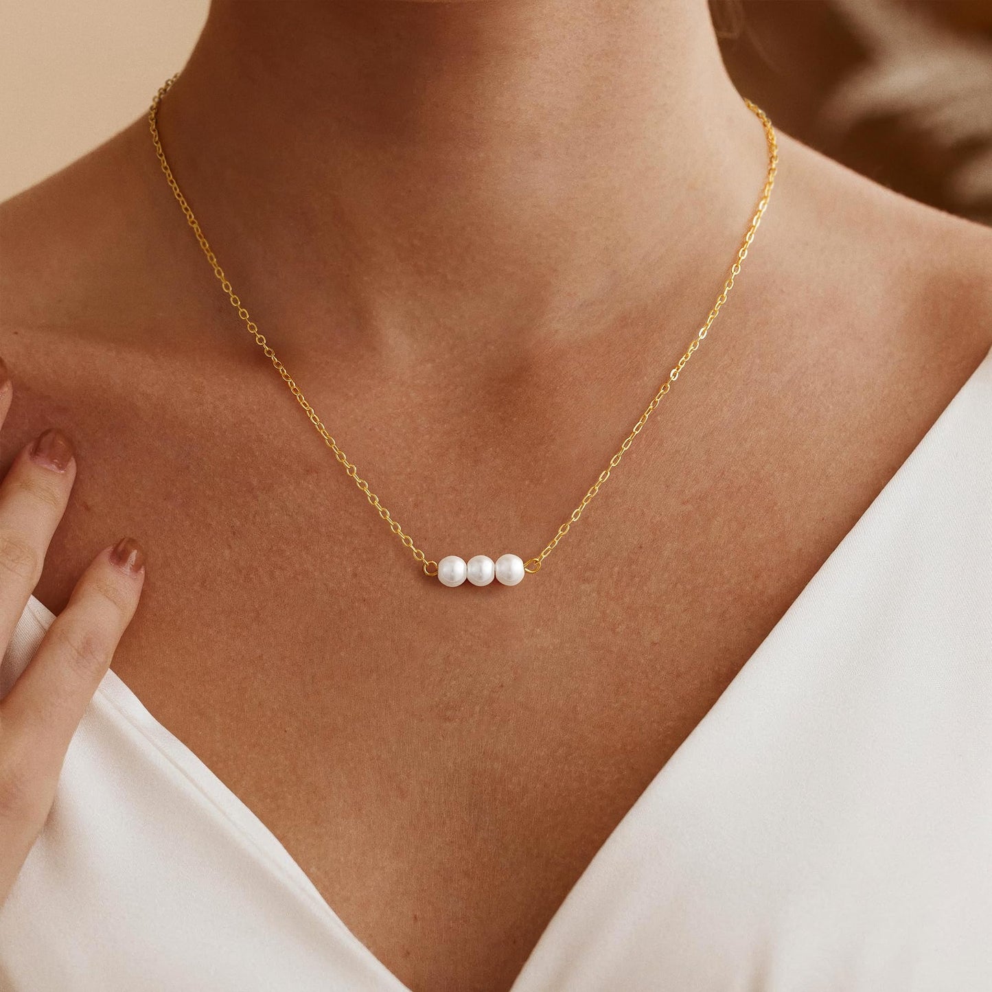 Fimhut Pearl Necklace for Women - 18K Gold Plated 3 Pearl Necklace Fashion Accessory Dainty Gold Necklaces Dainty Simple Layered Chain Necklaces Gold Jewelry for Women Gifts