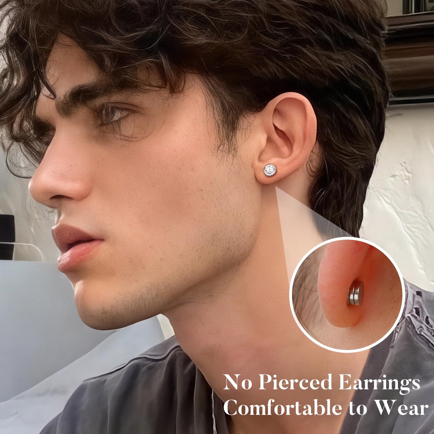 GEMQUEEN Moissanite Magnetic Earrings for Men Women : Hypoallergenic 14K White Gold Plated Stainless Steel Non Piercing Fake Earrings Studs Halo Round D Color VVS1