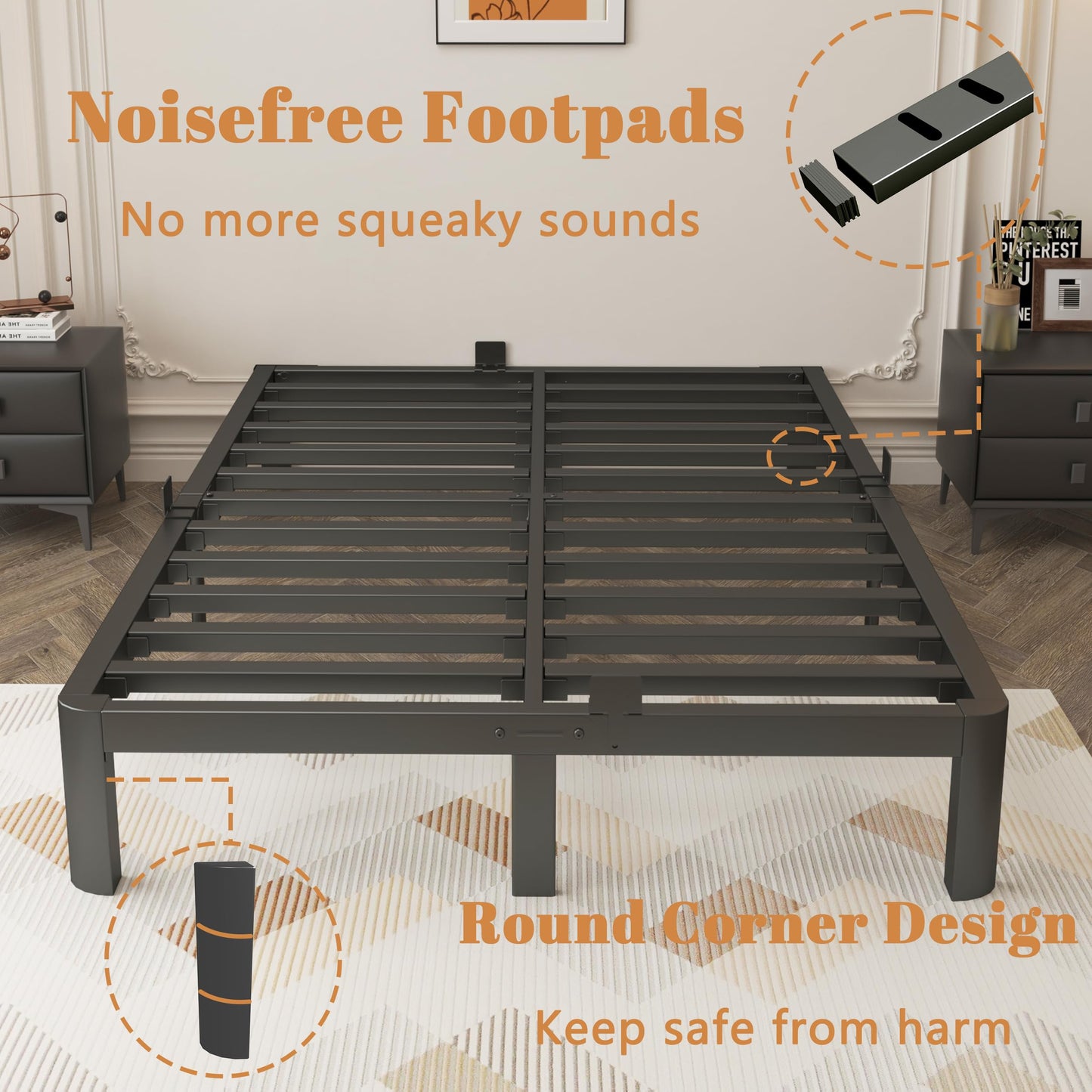 KOSOSO 10 Inch Queen Bed Frame, Black Bed Frame Queen Size with Metal Baffles, No Box Spring Needed, Heavy Duty Steel Platform Support, Rounded Corner Design, Reserved Holes, Storage Space, Noise Free