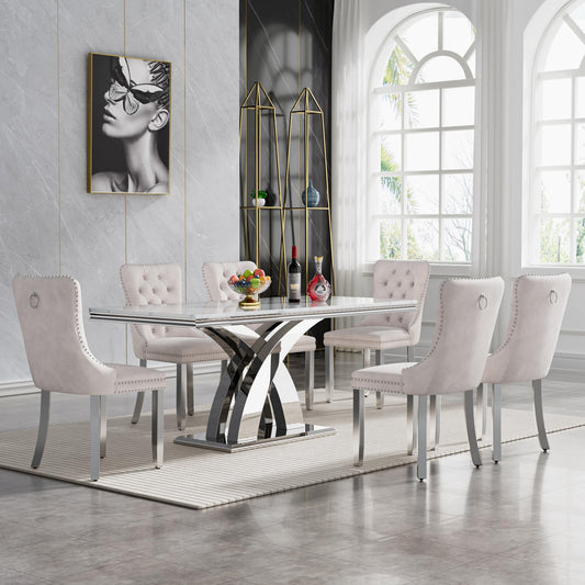68" White Marble Dining Table Set for 6, Modern 7-Piece Faux Marble Kitchen Dining Room Table Set w/Steel X-Base & 6 Beige Velvet Dining Chairs, Luxury Silver Kitchen Table and Chairs Set of 6