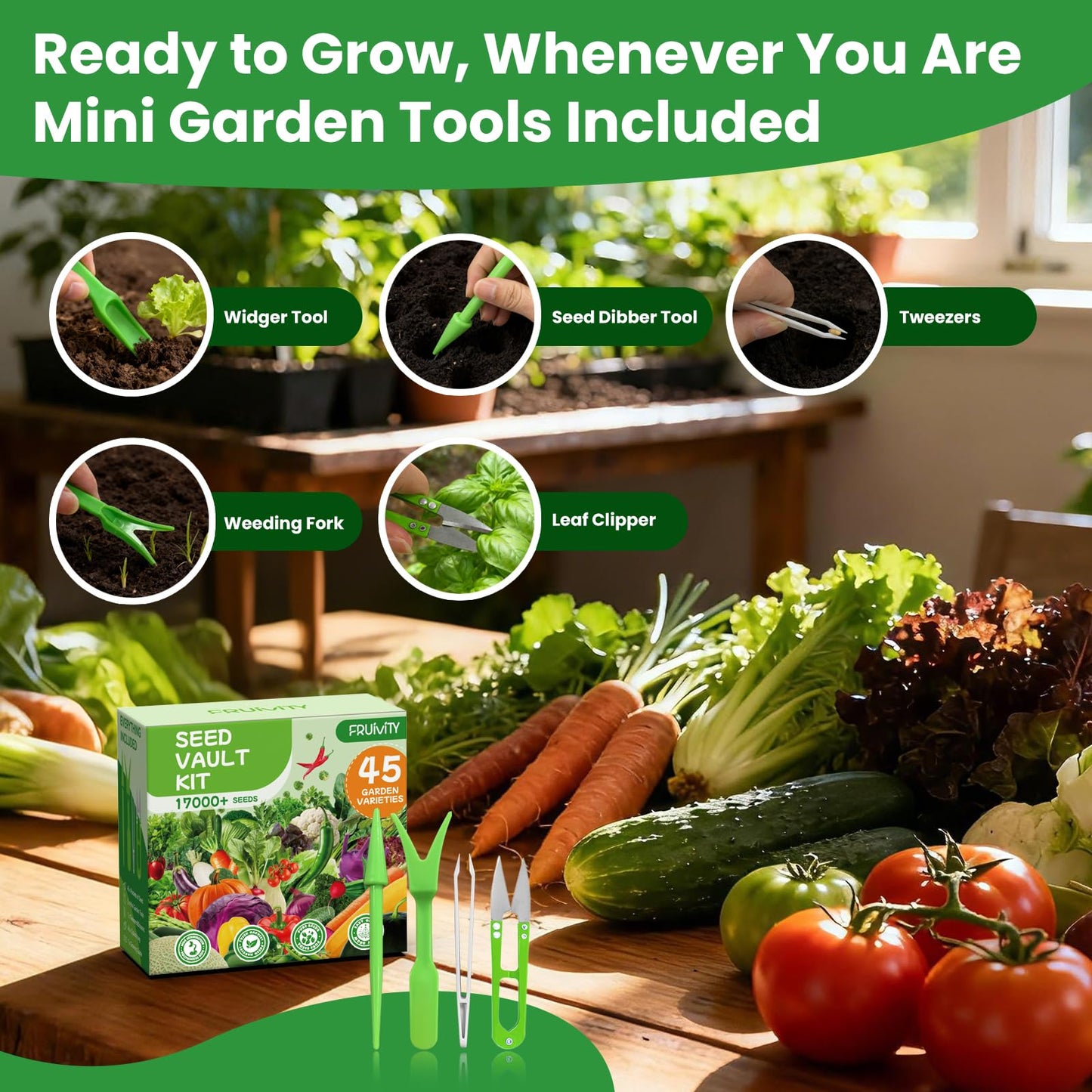 Fruivity 45 Vegetable Seeds Variety Pack - 17,000+ Garden Seeds for Planting Indoor & Outdoor - Seed Vault Kit with Tomato, Cabbage, Spinach - for Hydroponic, Women, Friend Gift
