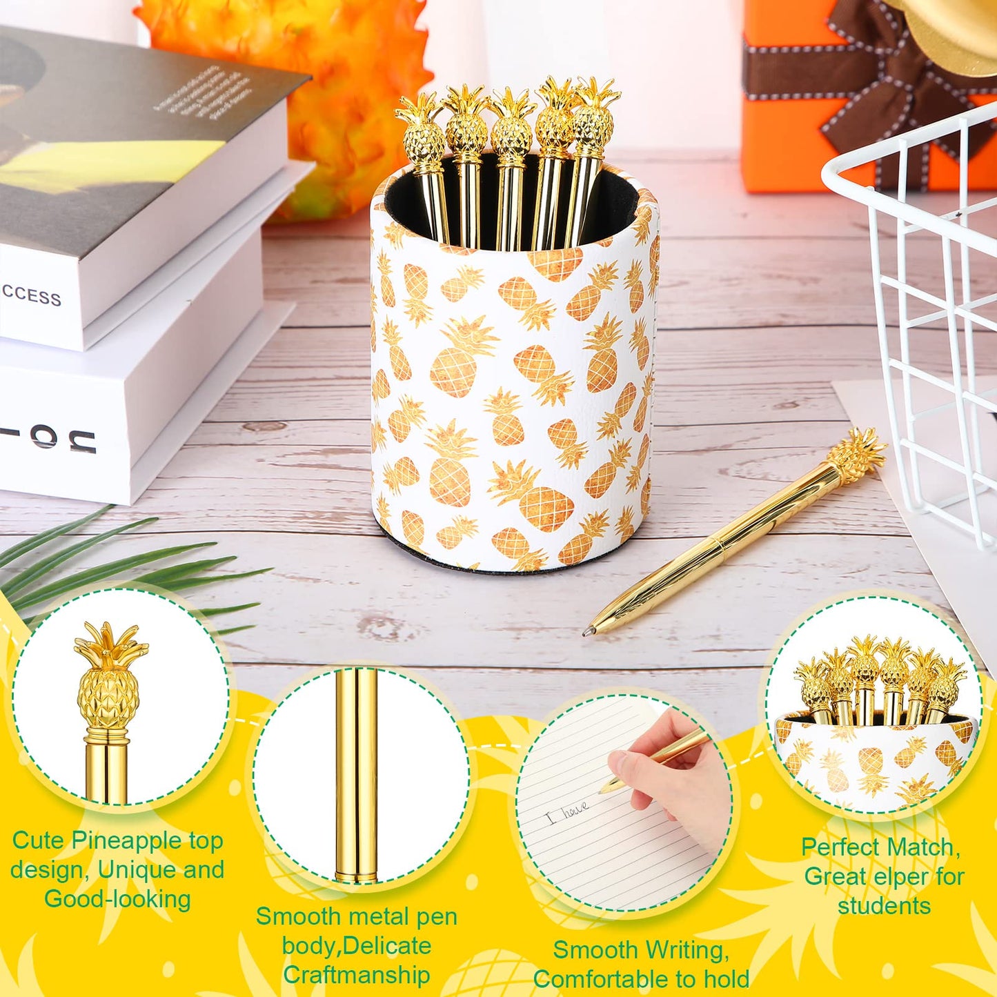 BBTO Pineapple Pen Holder with 6 Pcs Pineapple Shaped Pens Gifts Ballpoint Black 0.5mm Gel Ink Pen for Pencil Cups for Women Girls Desk Organizer Makeup Brush Holder Classroom Offices Home(Gold)