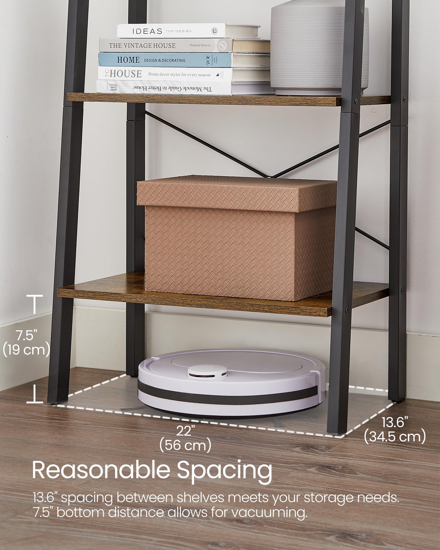 VASAGLE Ladder Shelf, 4-Tier Bookshelf, Storage Rack, Bookcase with Steel Frame, for Living Room, Home Office, Kitchen, Bedroom, Industrial Style, Rustic Brown and Ink Black ULLS44X