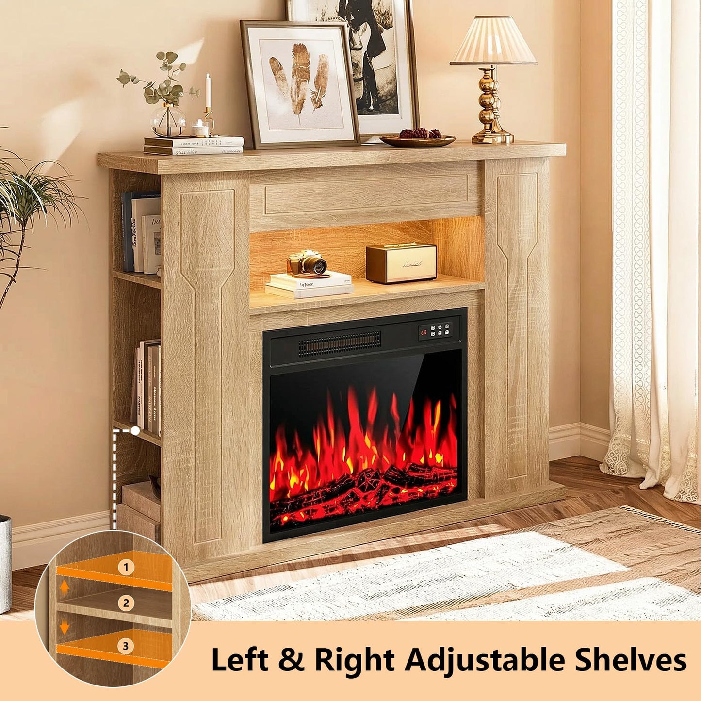 43" Electric Fireplace with Mantel, Freestanding 23" Fireplace Insert Heater with 7 Adjustable Flame Colors, Wooden Entertainment Center with Storage Shelf and LED Light for Living Room, Light Oak