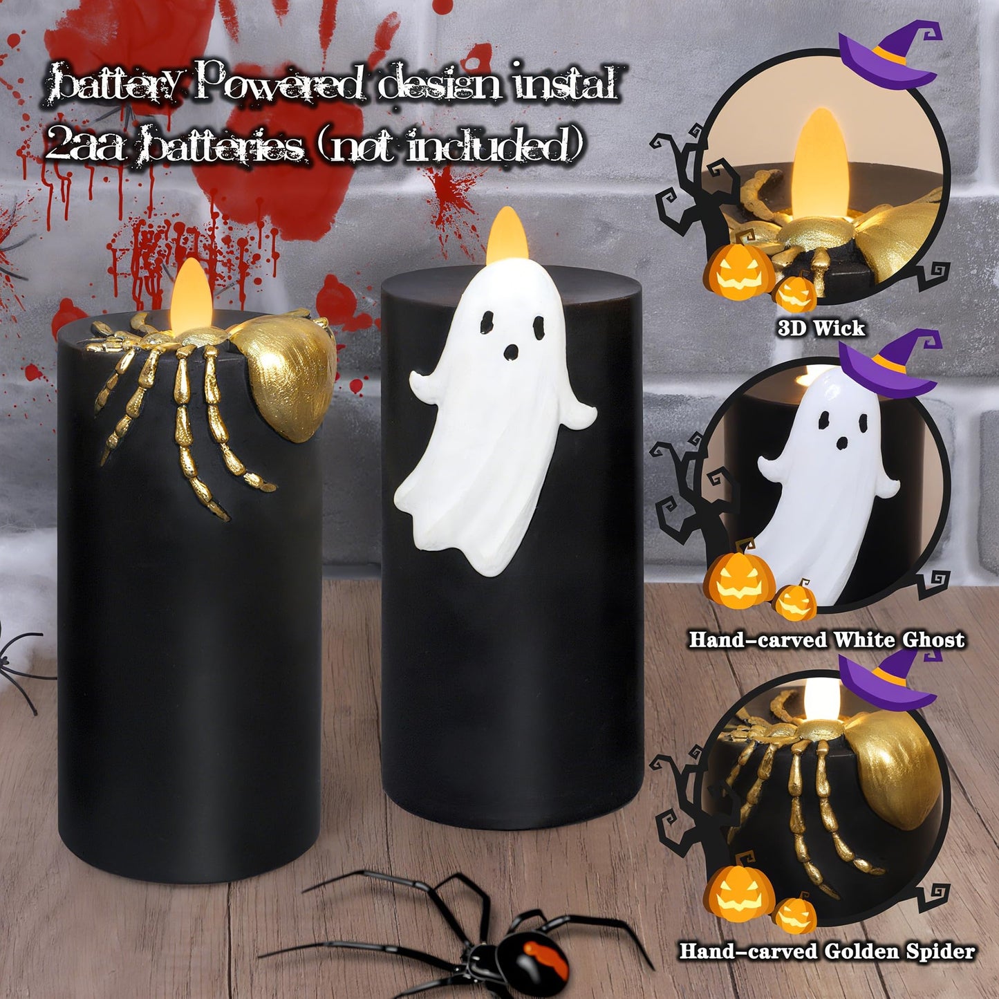 Silverstro Halloween Flameless Candles with Remote & Timer, Real Wax Hand-Carved Painted Ghost Spider LED Candles for Home Party Haunted House Horror Theme Halloween Decor, 3" x 7"" Set of 2"