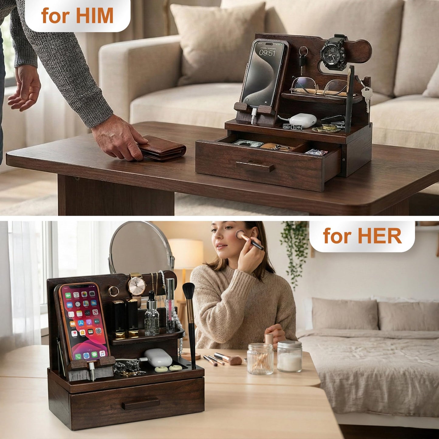 TESLYAR Wood Phone Docking Station with Drawer - Nightstand Organizer - Desk Organizer for Husband - Birthday Gifts for Men, Dad, Anniversary, Key Holder Stand Watch, Accessories (Chocolate Brown)