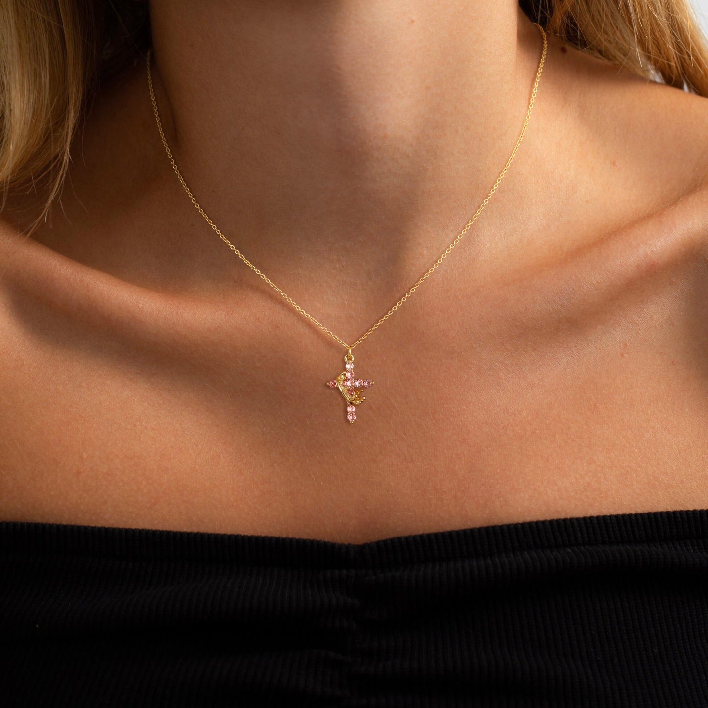 Robaice Birthstone Crown Cross Necklace for Women, Gold-Plated Christian Faith Necklace, Cross Jewelry Gift for Women, October Pink Tourmaline Gift