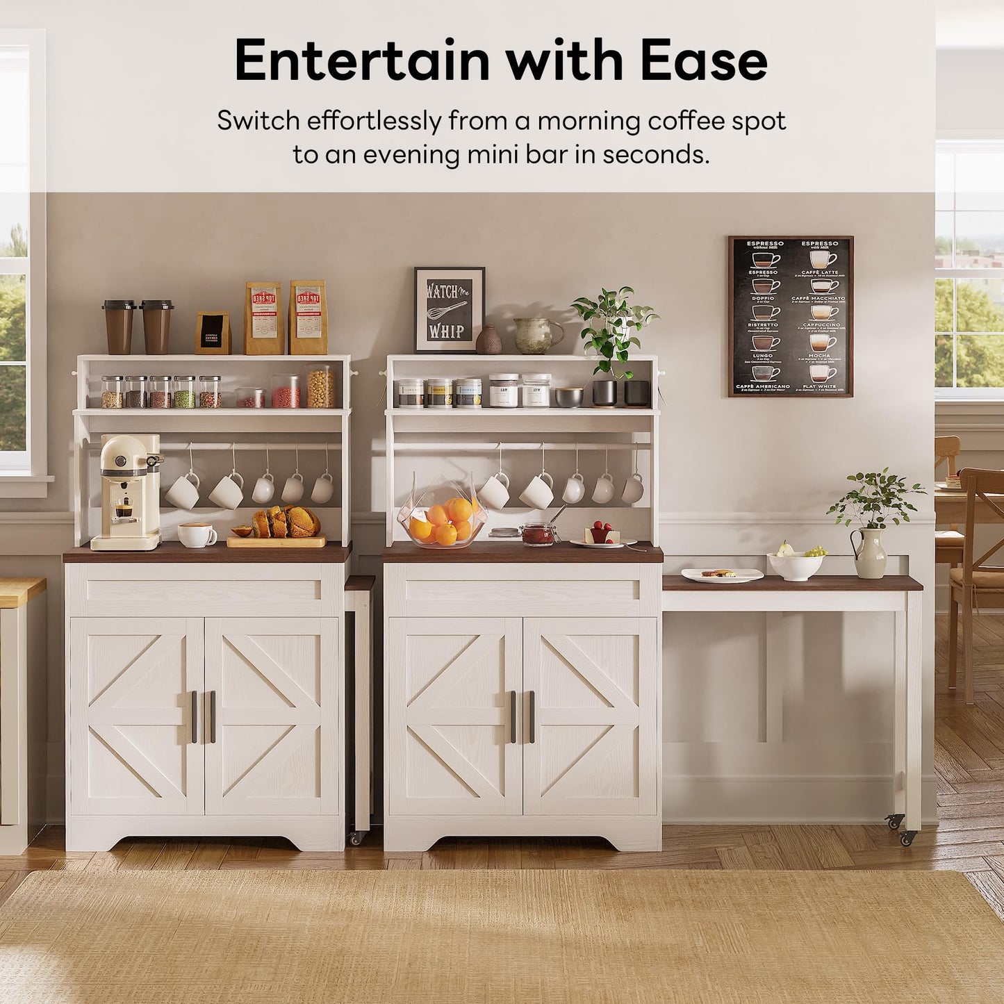 LIKIMIO 57" Farmhouse Coffee Bar Cabinet with Extendable Table & Locking Wheels, Mobile Kitchen Island Storage Cart with Magnetic Board, 5 Hooks, Adjustable Shelf, Space Saving for Apartment, White