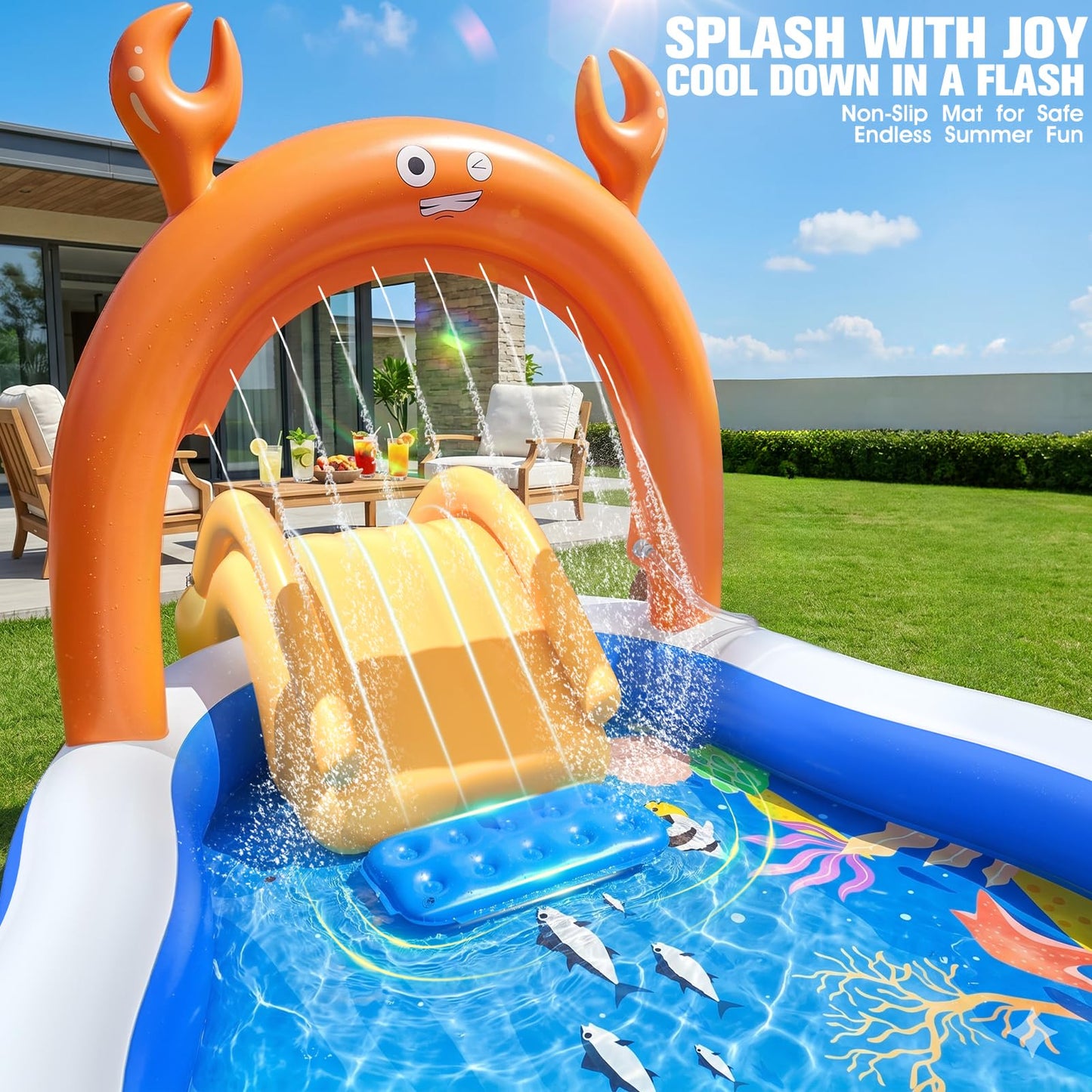 LuxPool 2026 Large Inflatable Play Center,Toddler Pool with Water Slide&Sprinkler,110"x70"x50"Inflatable Kiddie Pool with Slide,Backyard Kids Water Slide,Blow-Up Splash Pad for Toddlers