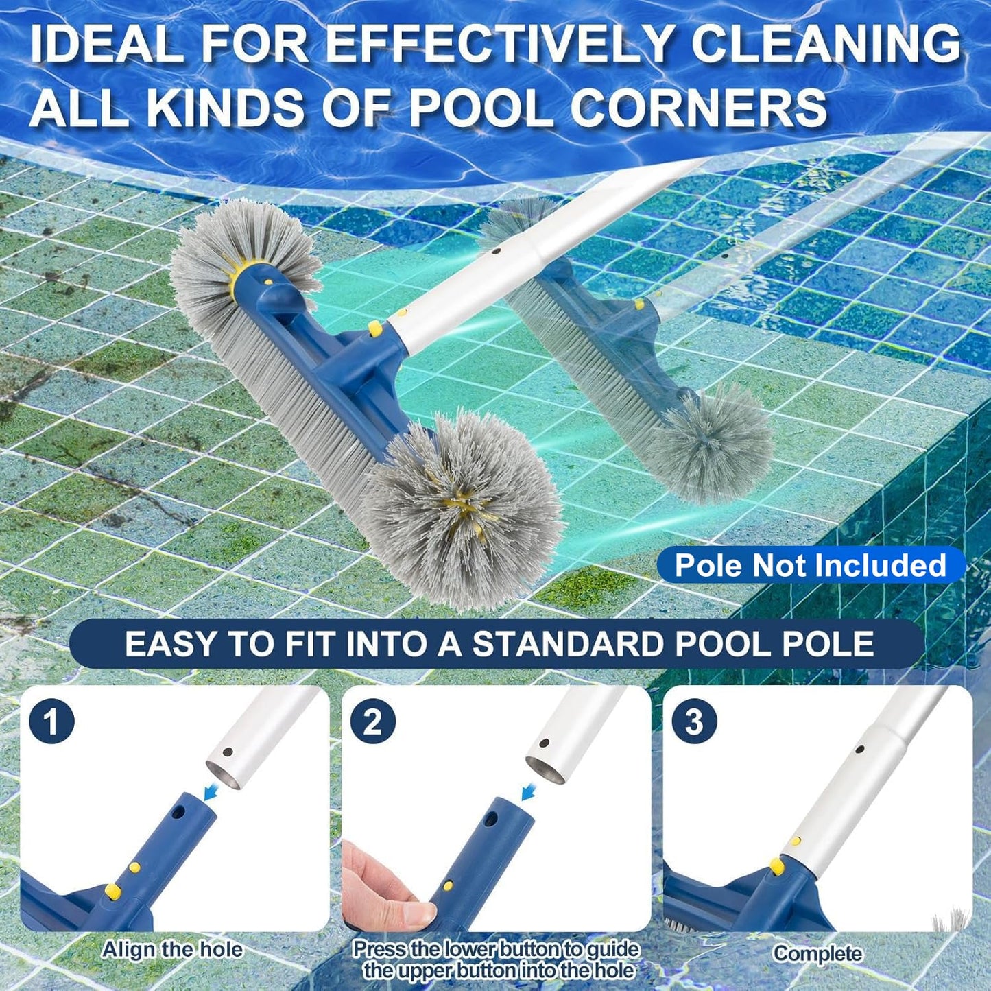 POOLAZA 18’’ & 20’’ Pool Brushes with Round Ends, Detachable Pool Brushes for Cleaning Pool Walls & Tiles, 2 in 1 Pool Brush Head for Inground Pools/Above Ground Pools,High-Efficient Pool Scrub Brush