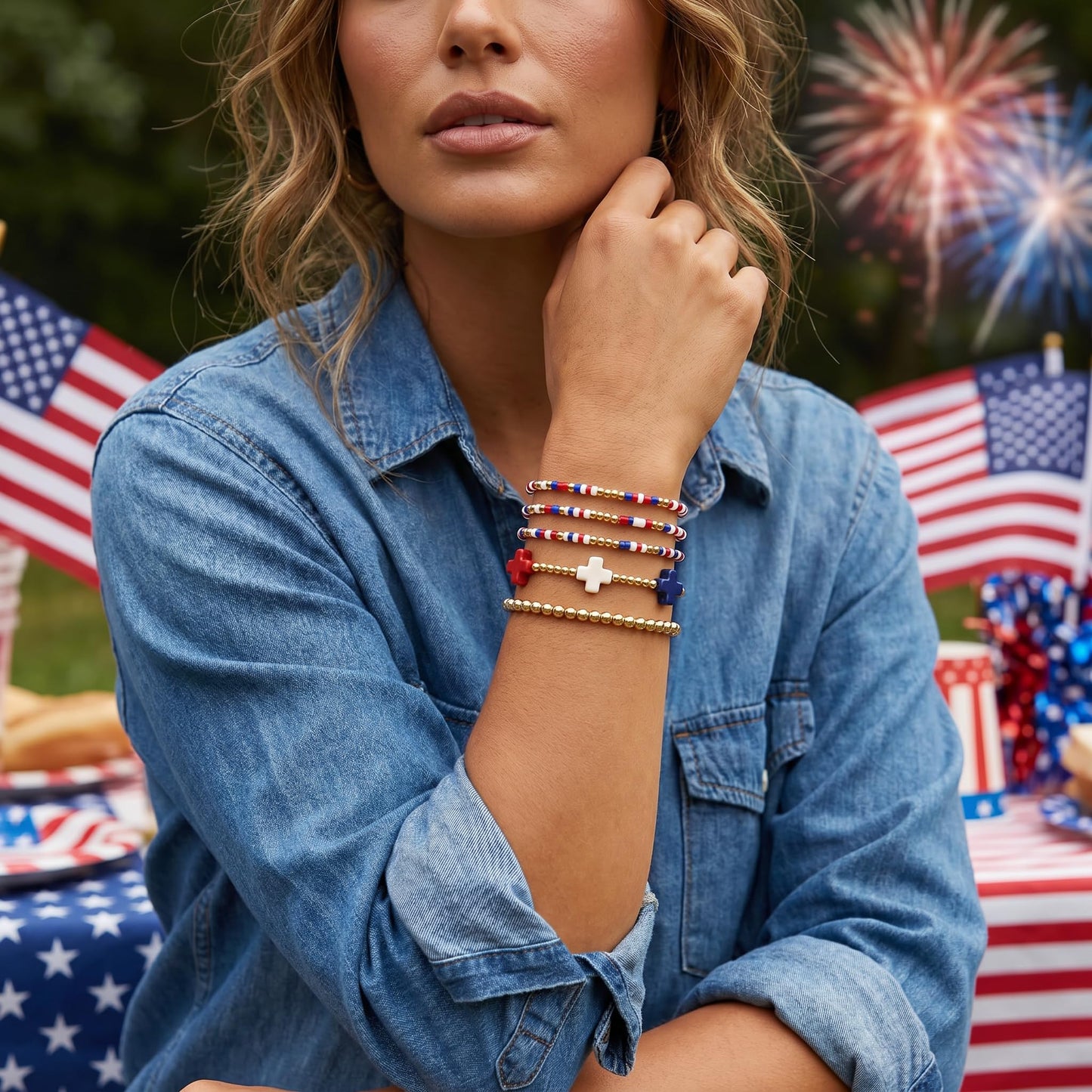 Bohxantium 4th of July Bracelet Stack for Women,Dainty Gold Beaded Cross Patriotic Bracelets Set,Elastic Red White Blue Tiny Beads Usa Bracelet,Trendy Fourth of July Independence Day Accessories Gifts