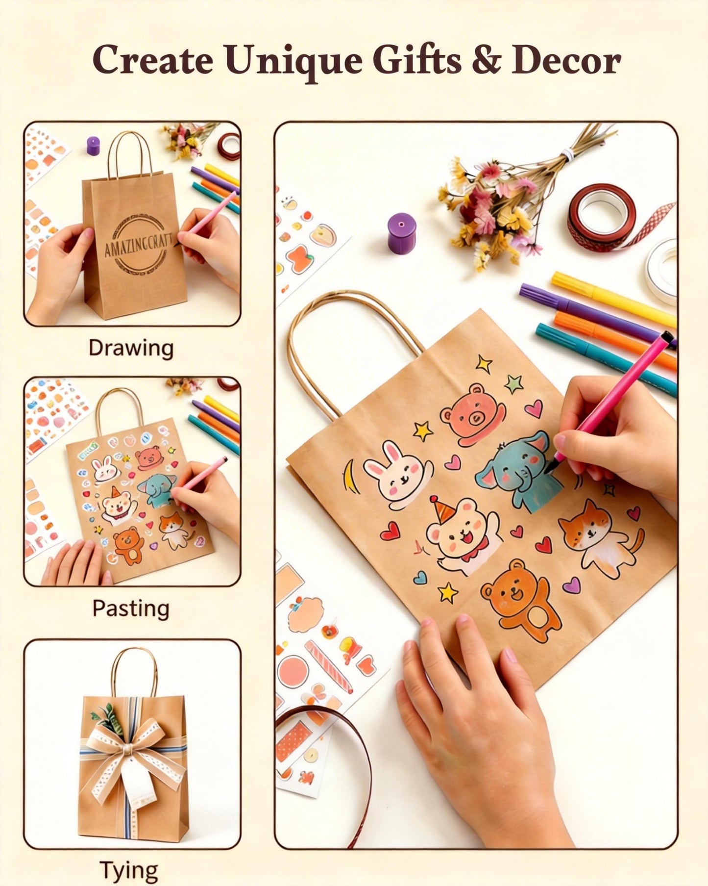 Amazingcraft 100-Pack Large Kraft Paper Bags 10"x5"x13" (25x13x33 cm), Brown with Handles, Ideal for Retail, Wedding Favors, Party Gifts, Boutiques, Bakeries, and Business Events