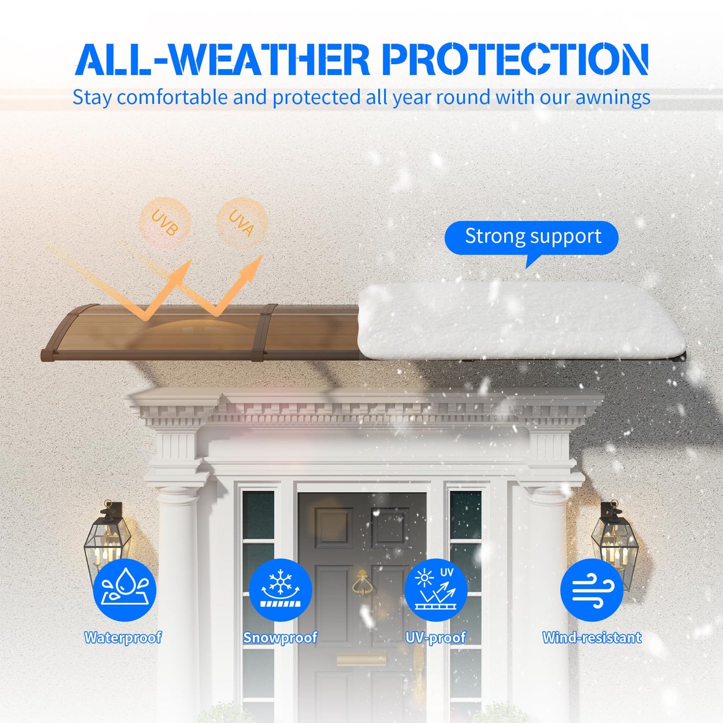 Awning for Door Entrance with Drainage Sink,32x120 Inch Awnings for Doors,Window Canopy Exterior with Plastic Steel Bracket,Polycarbonate Cover,UV,Rain,Snow Protection for House,Porch,Patio,Deck