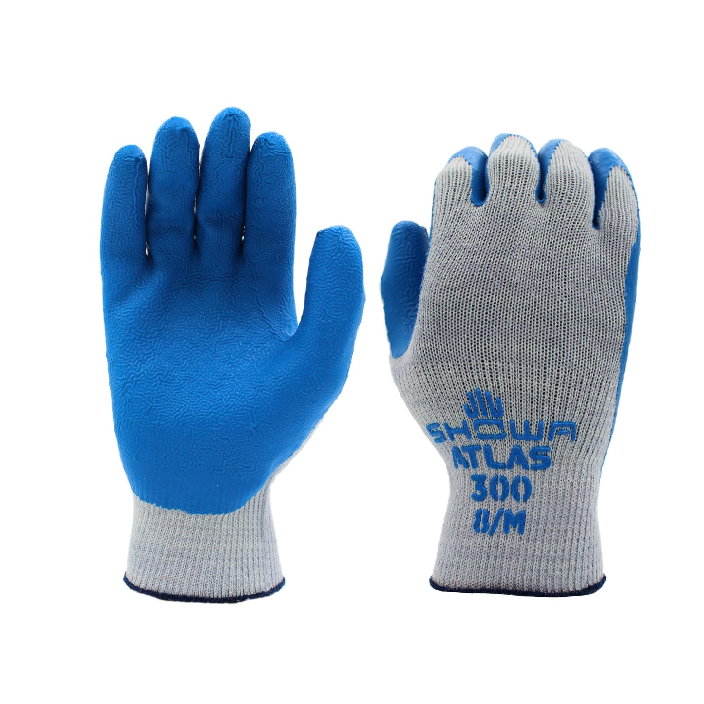 SHOWA Atlas 300 Original 1994 Crinkle Grip Work Gloves, Natural Latex Palm, Heavy Duty 10-Gauge for Construction, Landscaping, Gardening, & Masonry, Blue, Small, 1-Pair