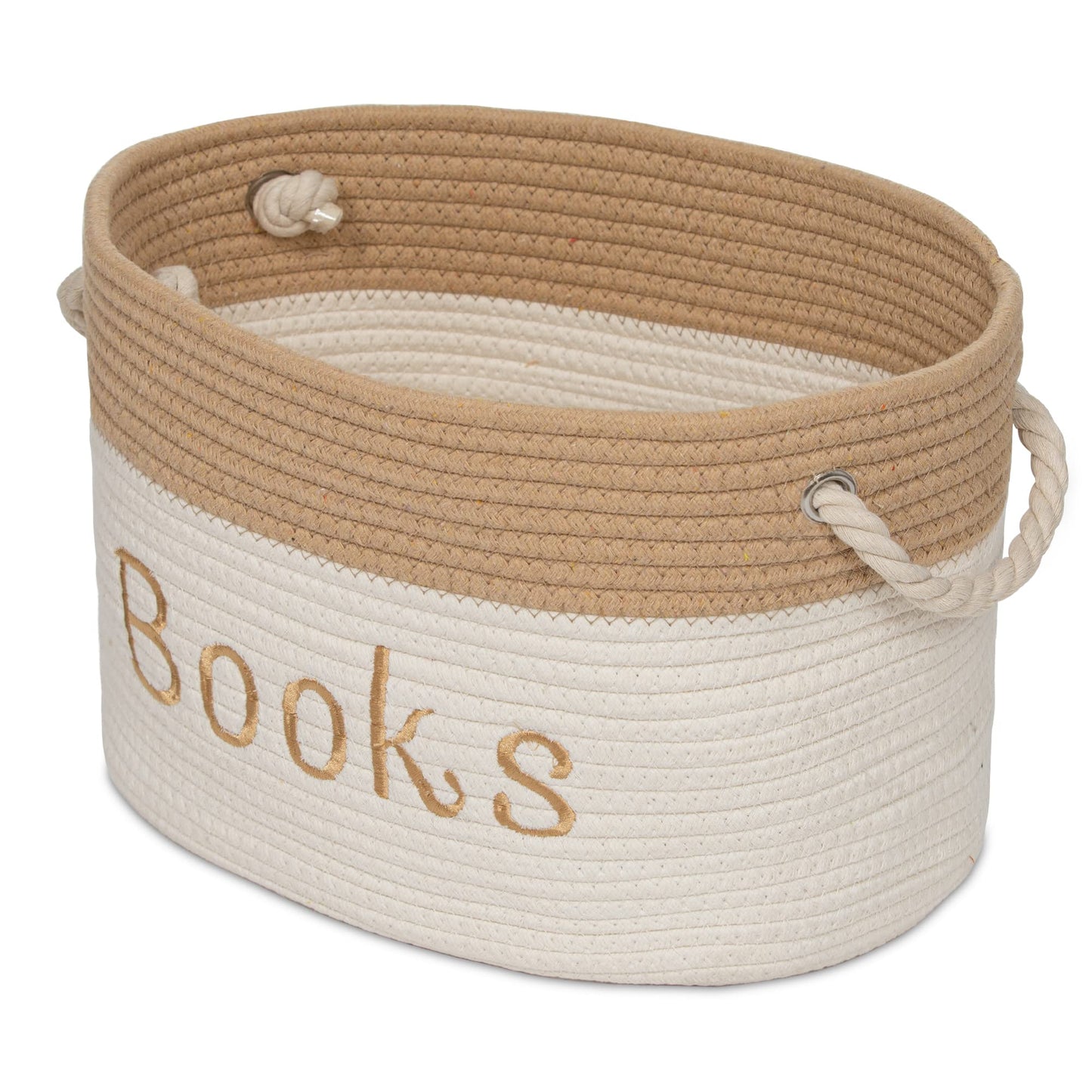 Rope Storage Basket - 15 x 11 x 9 Book Storage Bin - Embroidered Storage Bins - Tote Bin for Nursery, Playroom, Living Room, Classroom (Book Bin)