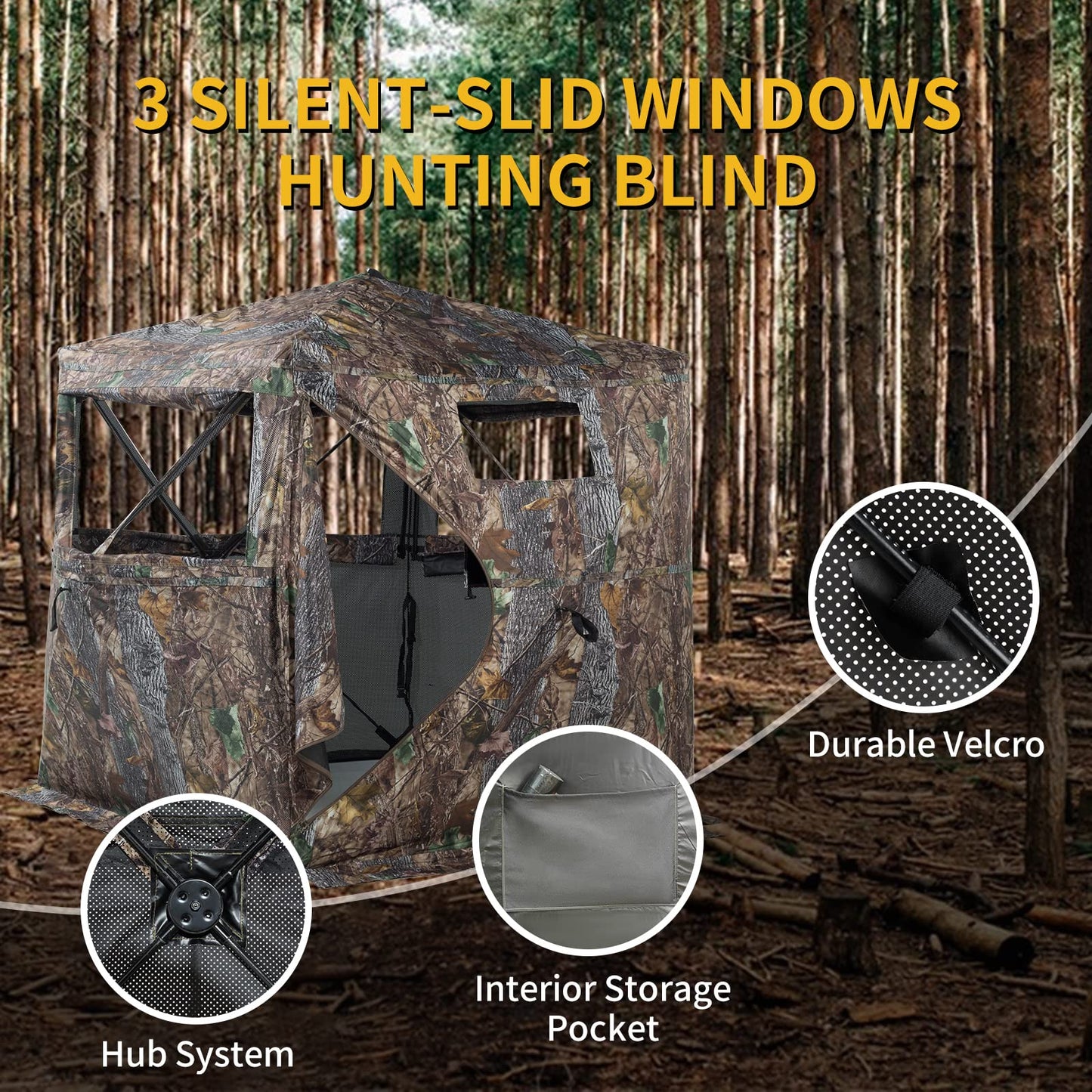 FUNHORUN Hunting Blind 270 Degree See Through Ground Blind with Chair and Carrying Bag, 2/3 Person Pop Up Camouflage Tent Portable Concealed Shelter