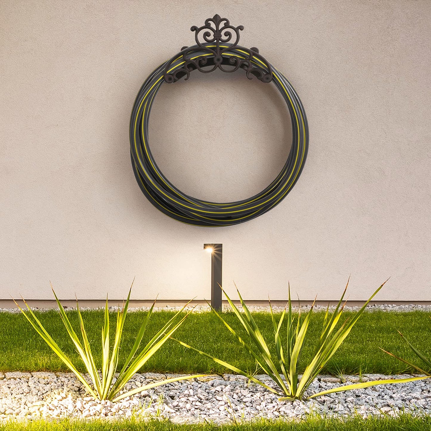 MyGift Brown Heavy Duty Cast Iron Outdoor Garden Hose Hanger Wall Mounted Water Hose Holder Reel with Vintage Scrollwork Design