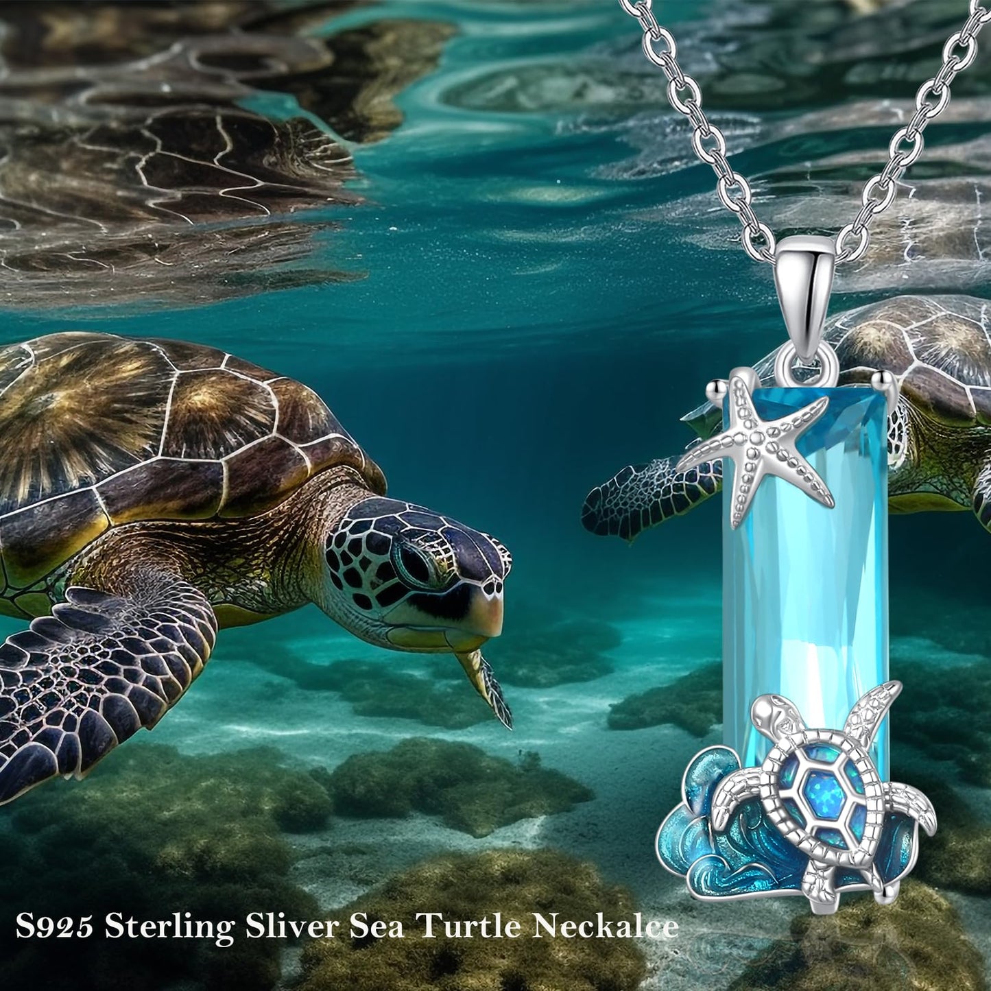 AENEAS Turtle Necklace for Women 925 Sterling Silver Blue Crystal Opal Starfish Ocean Jewelry Gift for Sea Animal Lover Women Wife Her