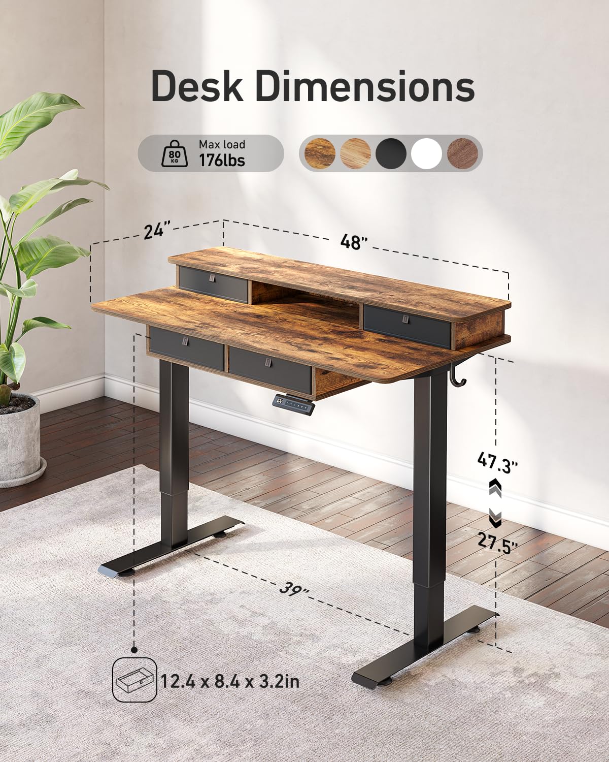 FEZIBO 48 x 24 inch Standing Desk with Drawers, Height Adjustable Electric Workstation, Computer Sit Stand Up Table with Large Storage Shelf 4 Drawers and 2 Hooks, Rustic Brown
