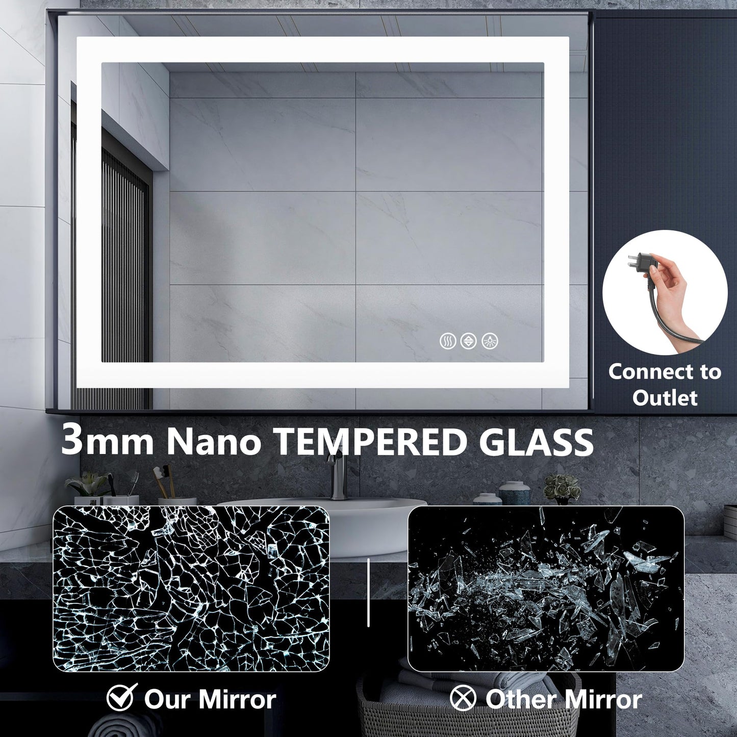 NEWBULIG Smart Anti-Fog LED Bathroom Mirror with Front Light & Backlit, 3 Color Modes, Dimmable, Memory Function, Wall-Mounted Modern Rectangular Vanity Mirror, White, 32"x40"