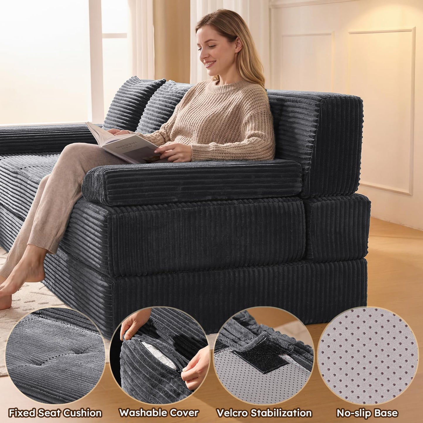 LOOMORA 78.7IN Folding Sofa Bed - Convertible Sleeper Sofa Couch with Removable Pillows, 3 Seater Couches Bed for Living Room, Bedroom, Apartment, No Assembly Required, Freestanding, Corduroy, Gray