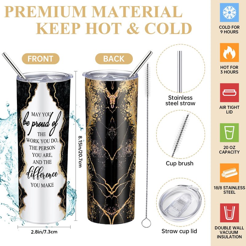 Domensi 6 Pcs CNA Week Thank You Gift Employee Appreciation Gift for Women Teacher May You Be Proud 20 oz Rustic Marble Sign Tumbler Makeup Bag Journal for Graduation Work Business(Black)