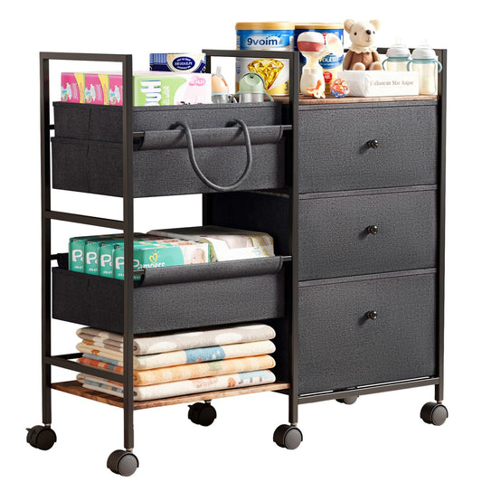 2-in-1 Baby Diaper Caddy Organizer and Storage-3 Tier Rolling Baby Cart with Dividers and Drawers, Baby Essentials for Nursery Storage, Mobile Utility Cart with Wheels Large Capacity Easy To Assemble