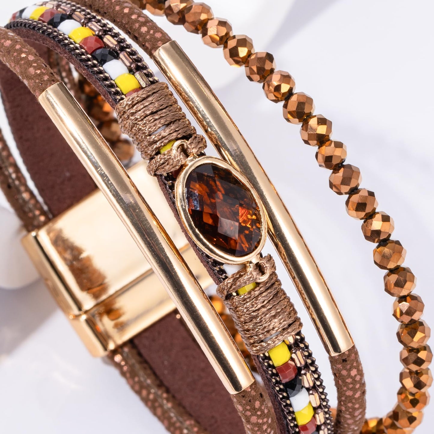 Becklynn Boho Leather Wrap Bracelets Beaded Crystal Stackable Cuff Bracelet with Magnetic Clasp Cowboy Cowgirl County Concert Outfits Western Jewelry Gifts for Women(Crystal Brown)
