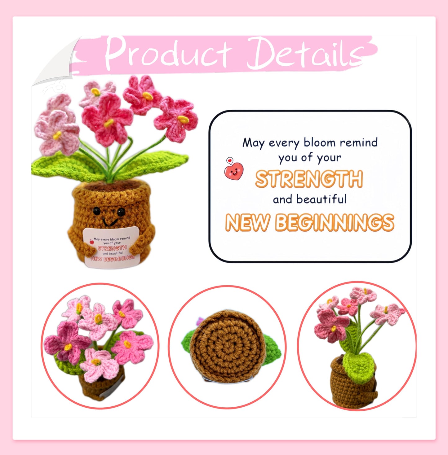 Crochet Gift for Women Graduation, Pink Forget-Me-Not Flowers Set of 6 with emotional support Card, Good Luck Gift for New Job, Retirement, Encouragement, handmade Home Decor for Her, Desk Plant