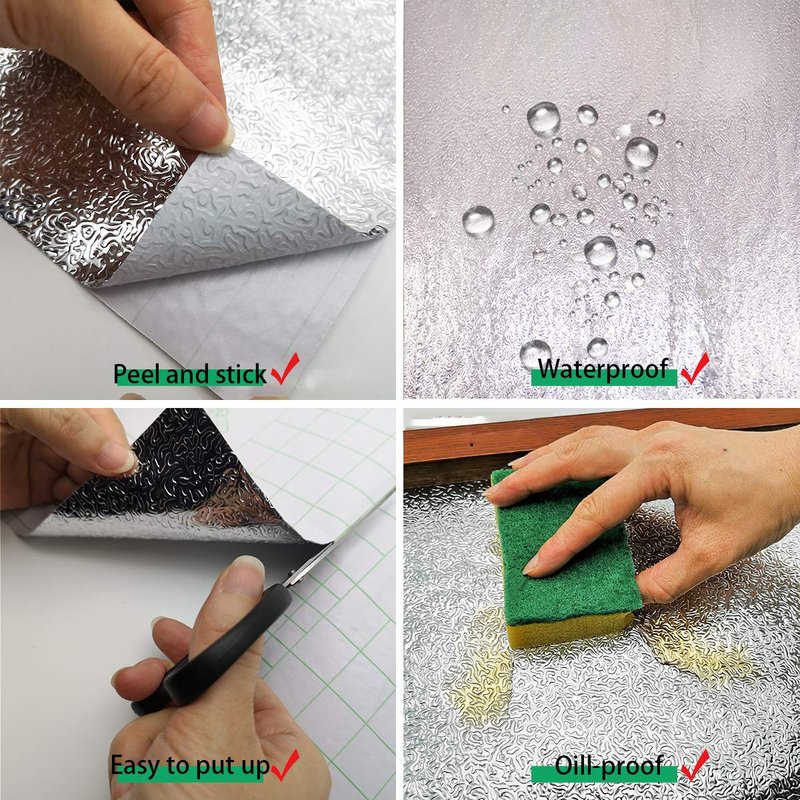 16"x354" Silver Contact Paper Metallic Look kitchen Backsplash Peel and Stick Wallpaper Oil Proof Waterproof Aluminum Foil Wall Sticker Adhesive Paper for Cabinets Shelf Liner Removable Heat Resistant
