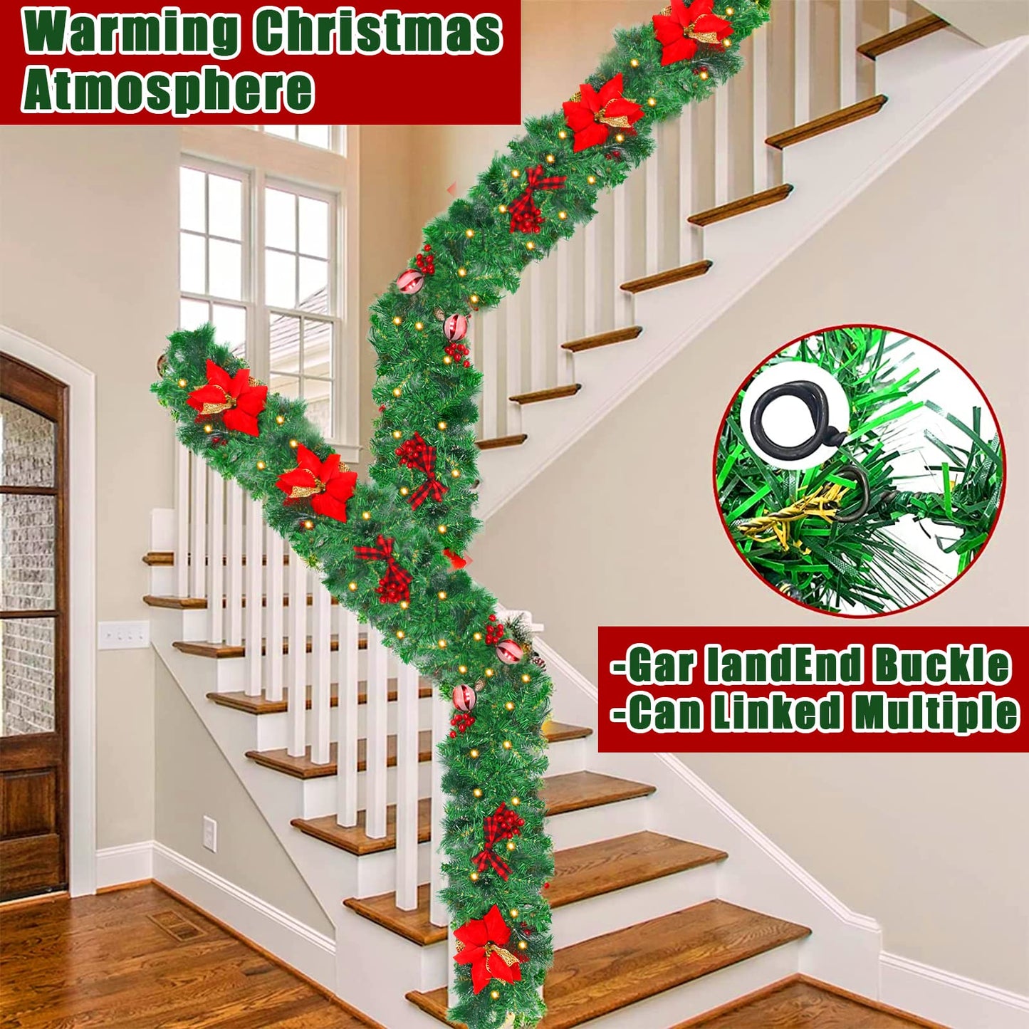 9FT Christmas Garland with 100 Lights Battery Operated,Artificial Prelit Garlands with Red Balls,Pine Cones,Cedar Branches,Christmas Decorations for Stairs Outdoor Indoor Holiday Home Fireplace Decor