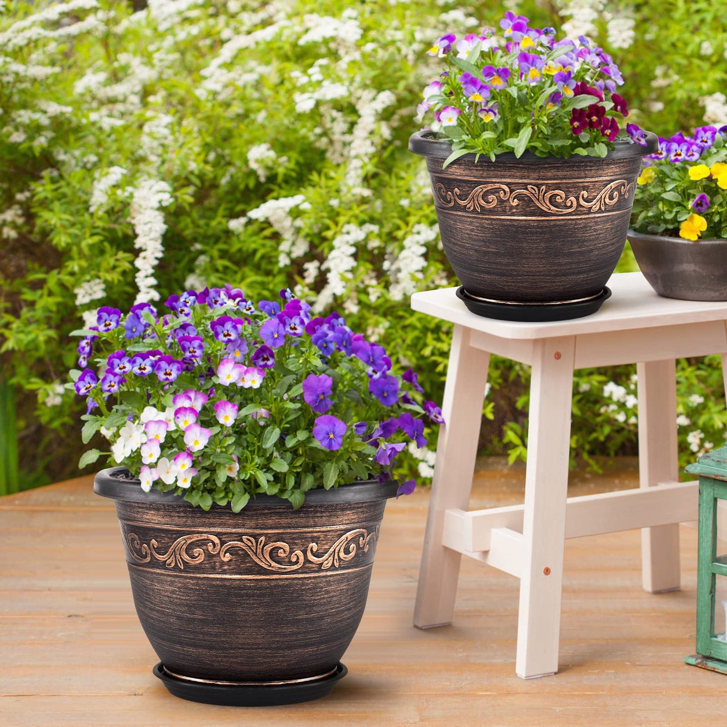 Plastic-Plant-Flower-Planters-14 Inch With Drainage Hole & Saucer, 3 Packs Lightweight Large Resin Flower Pot Indoor Outdoor, Retro Antique Imitation Decorative Garden Containers Sets For Houseplants