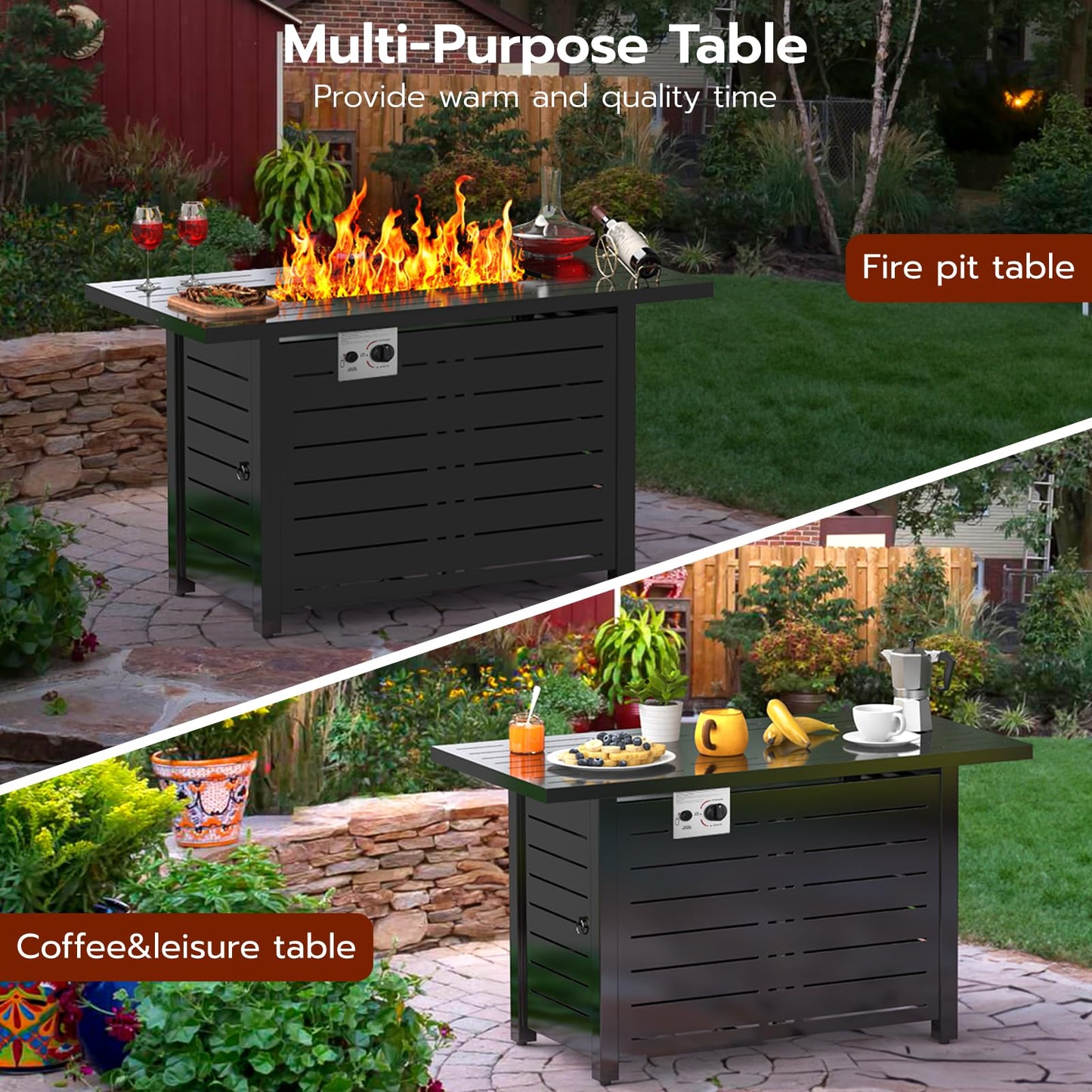 Xbeauty Fire Pit Propane Gas FirePit Table 43" Outdoor Fire Pit Rectangular Tabletop with Lid, Rain Cover, for Outside Garden Backyard Deck Patio