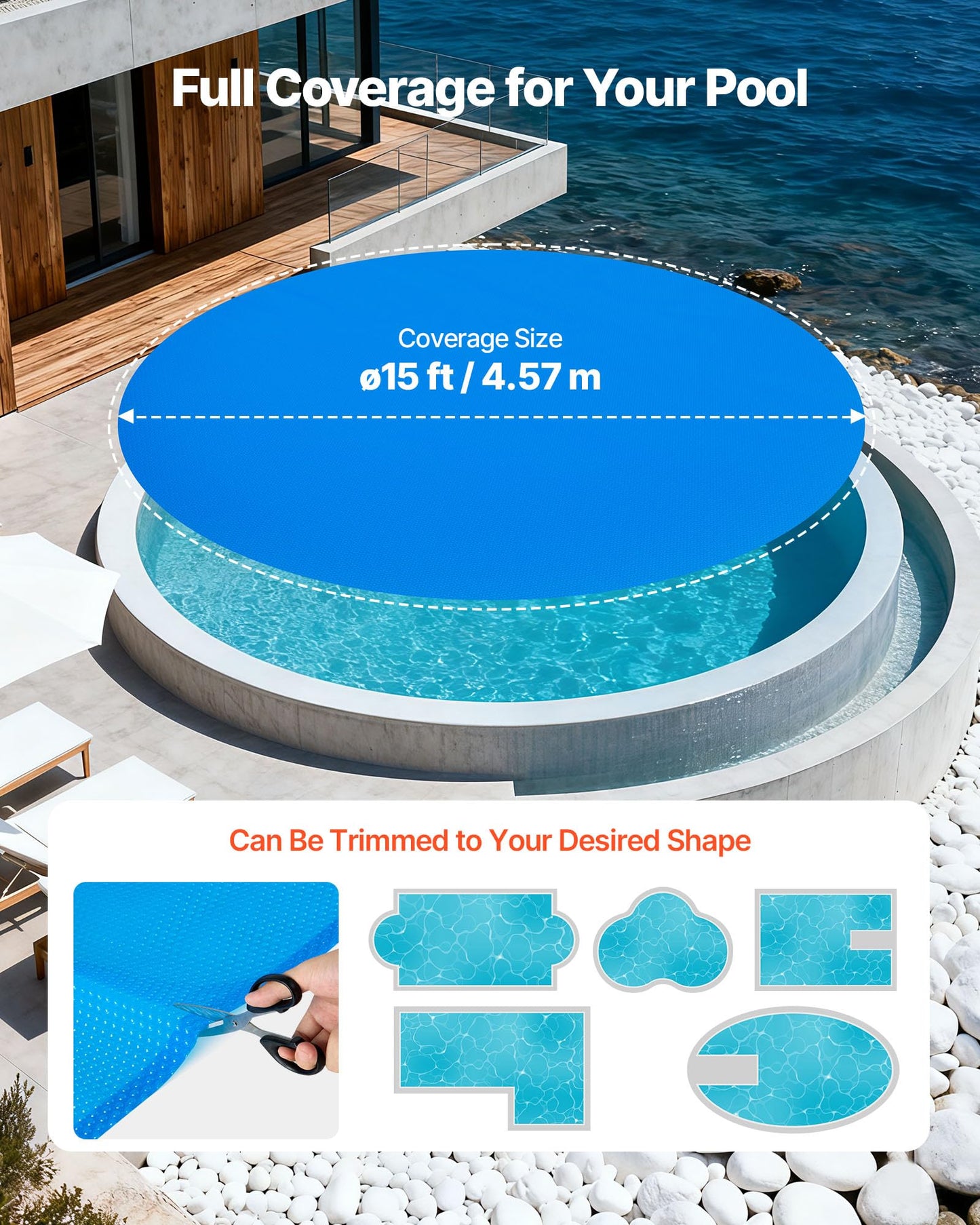 VEVOR Solar Pool Cover, 15 ft Round Pool Bubble Cover, 12 Mil Pools Solar Blanket with Bubble & PE Material, Daytime Heat Absorption, Nighttime Heat Retention, Heat Retaining Solars Covers, Blue