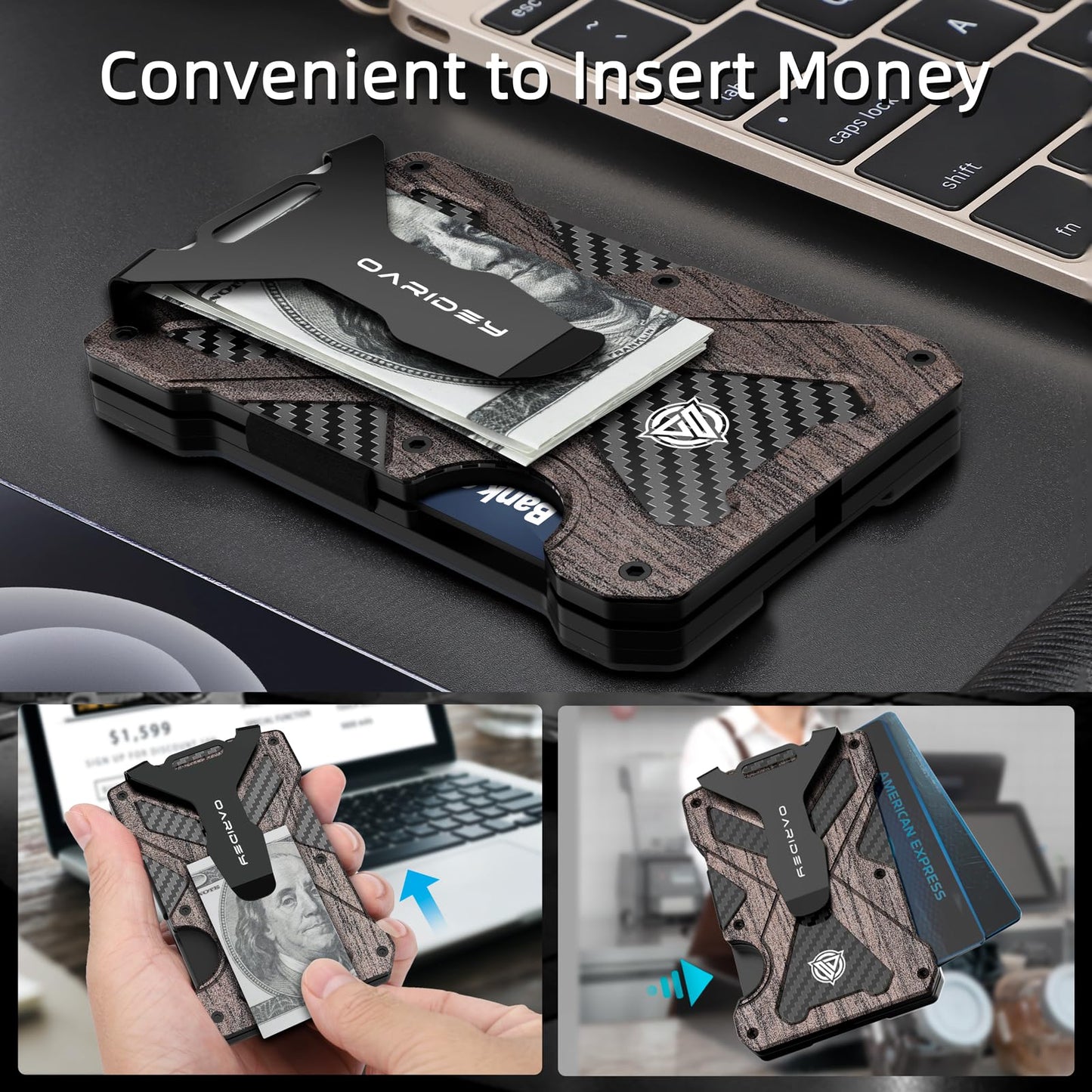 Minimalist Wallet for Men- Slim Aluminum Metal Money Clip Wallet with Clear ID Card Holder, Carbon Fiber Wallet, RFID Blocking,Holds up 15 Cards with Cash Clip,Ultra-Thin Tactical Wallet - Walnut Wood