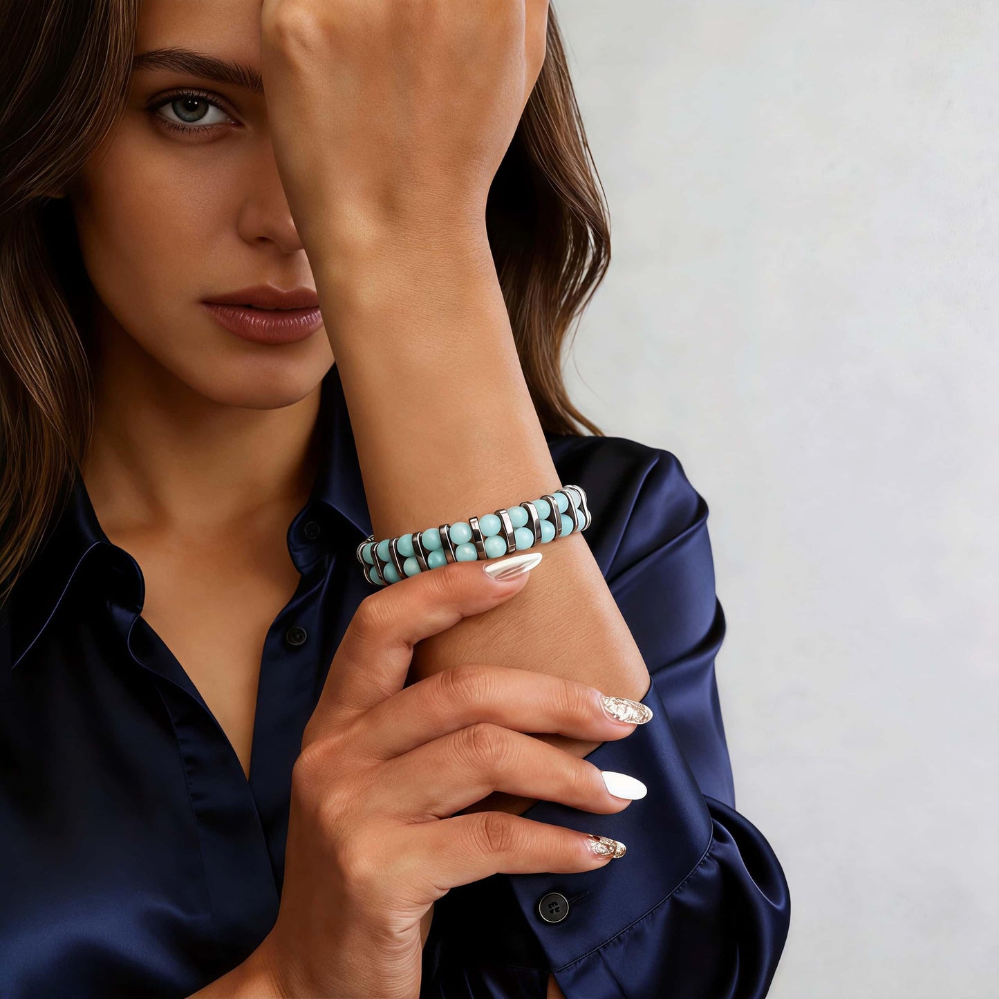 MAIYIDACK Double Row Amazonite Hematite Energy Art Jewelry, 3-in-1 Triple Protection Bracelet for Courage & Communication, Spiritual Men & Women, Reiki Healing Gift (Amazonite)