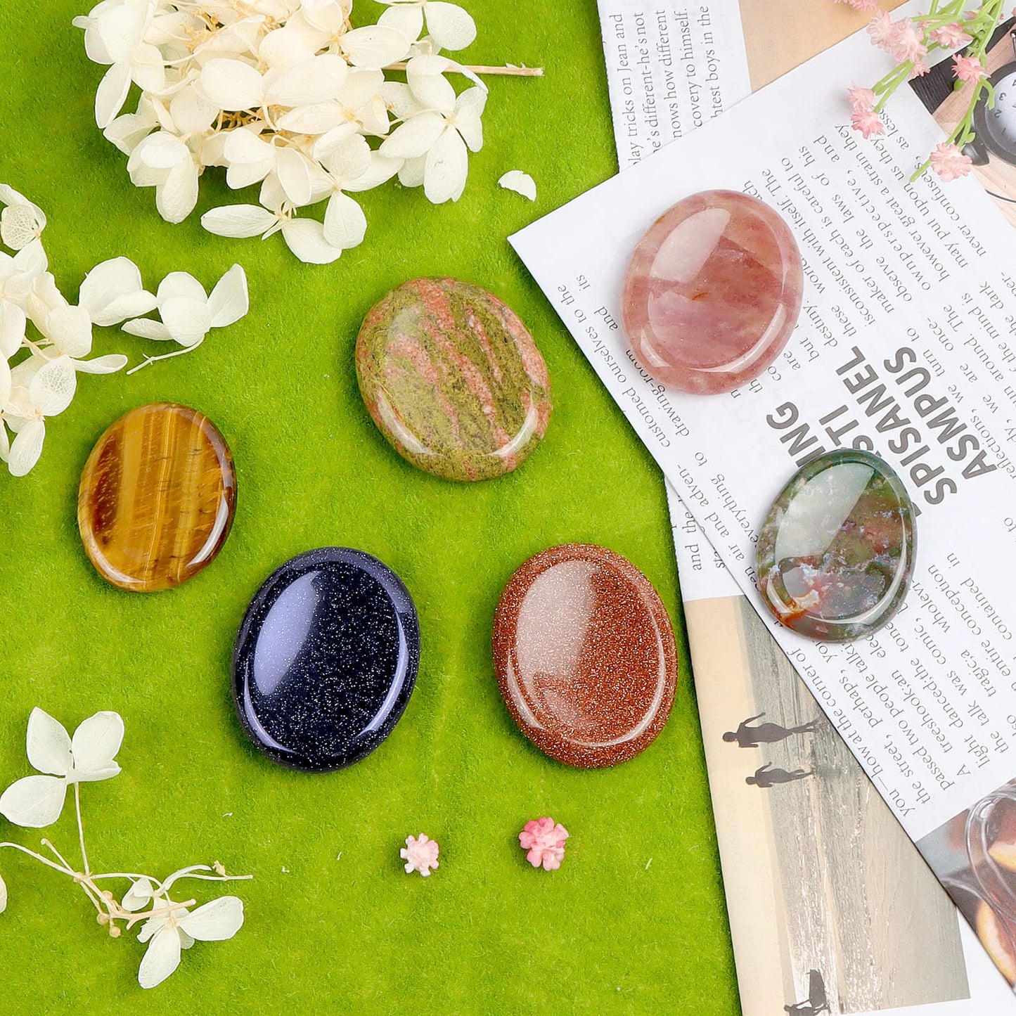 LEADGEM 2" Worry Stone Blue Sand Crystal Palm Stones, Healing Goldstone Crystals for Anxiety Meditation, Turmalina Negra Thumb Stone Anxiety Relief Items Gift