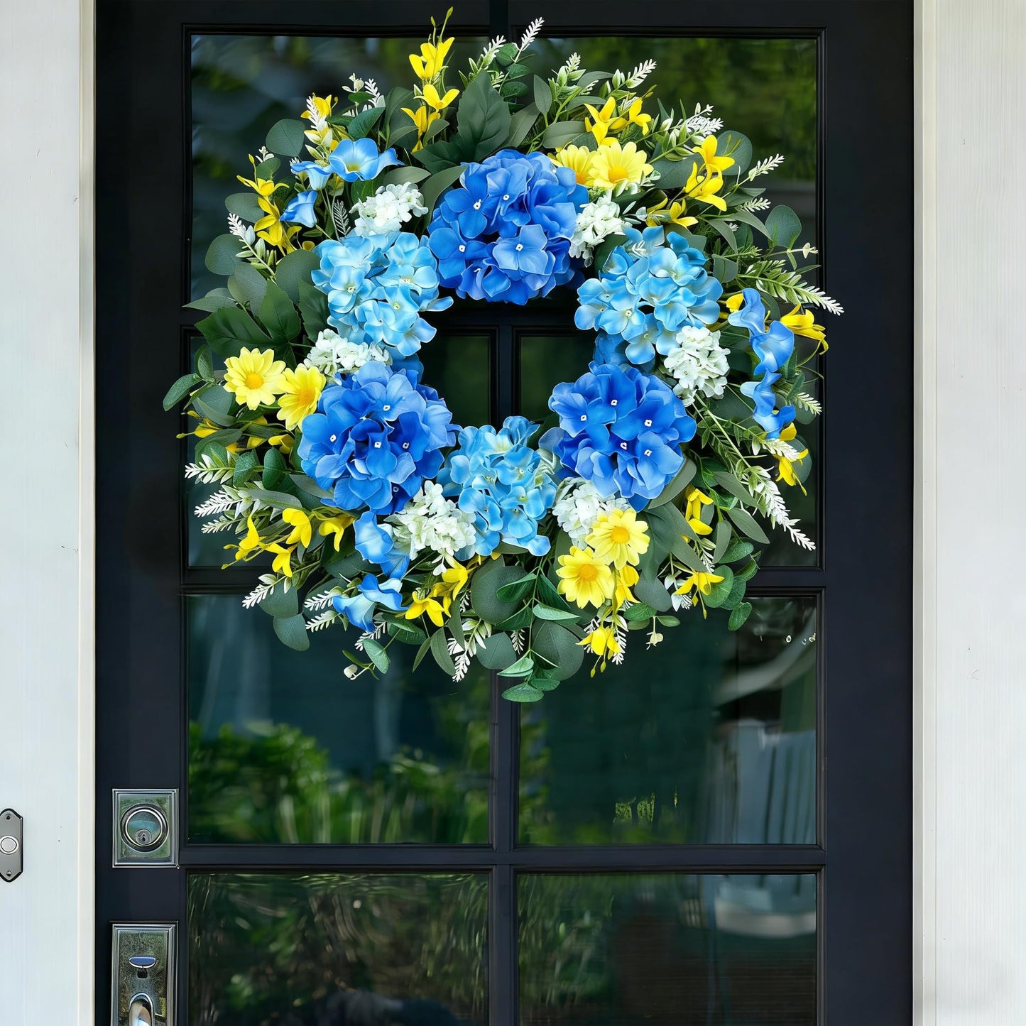 26 Inch Spring Wreaths for Front Door Outside Large Artificial Summer Wreath Silk Hydrangea Wreath with Yellow Daisy and Eucalyptus Leaves Indoor Outdoor Porch Rustic Farmhouse Home Wall Wedding Decor