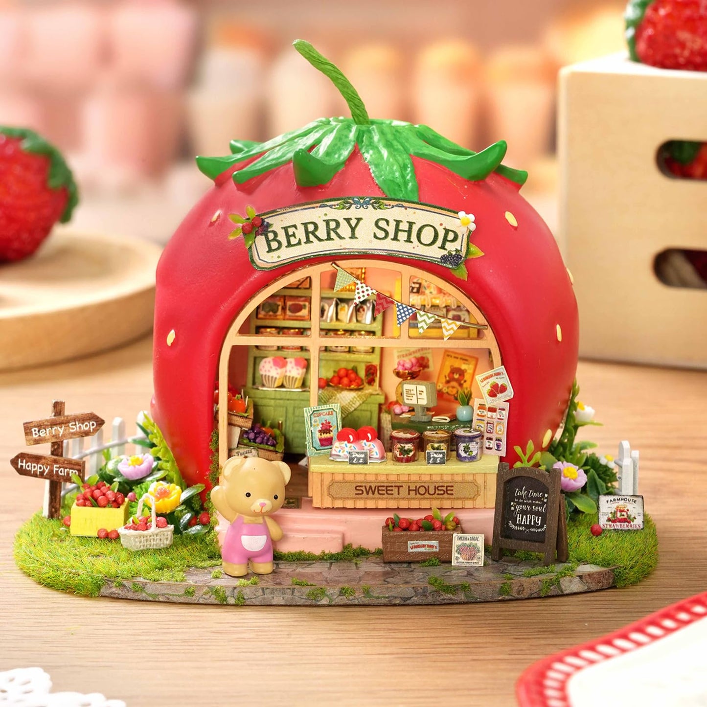TuKIIE DIY Miniature House Kit with Furniture, 1:100 Scale Creative Room Mini Wooden Dollhouse Book Nook for Kids Teens Adults(Berry Shop)