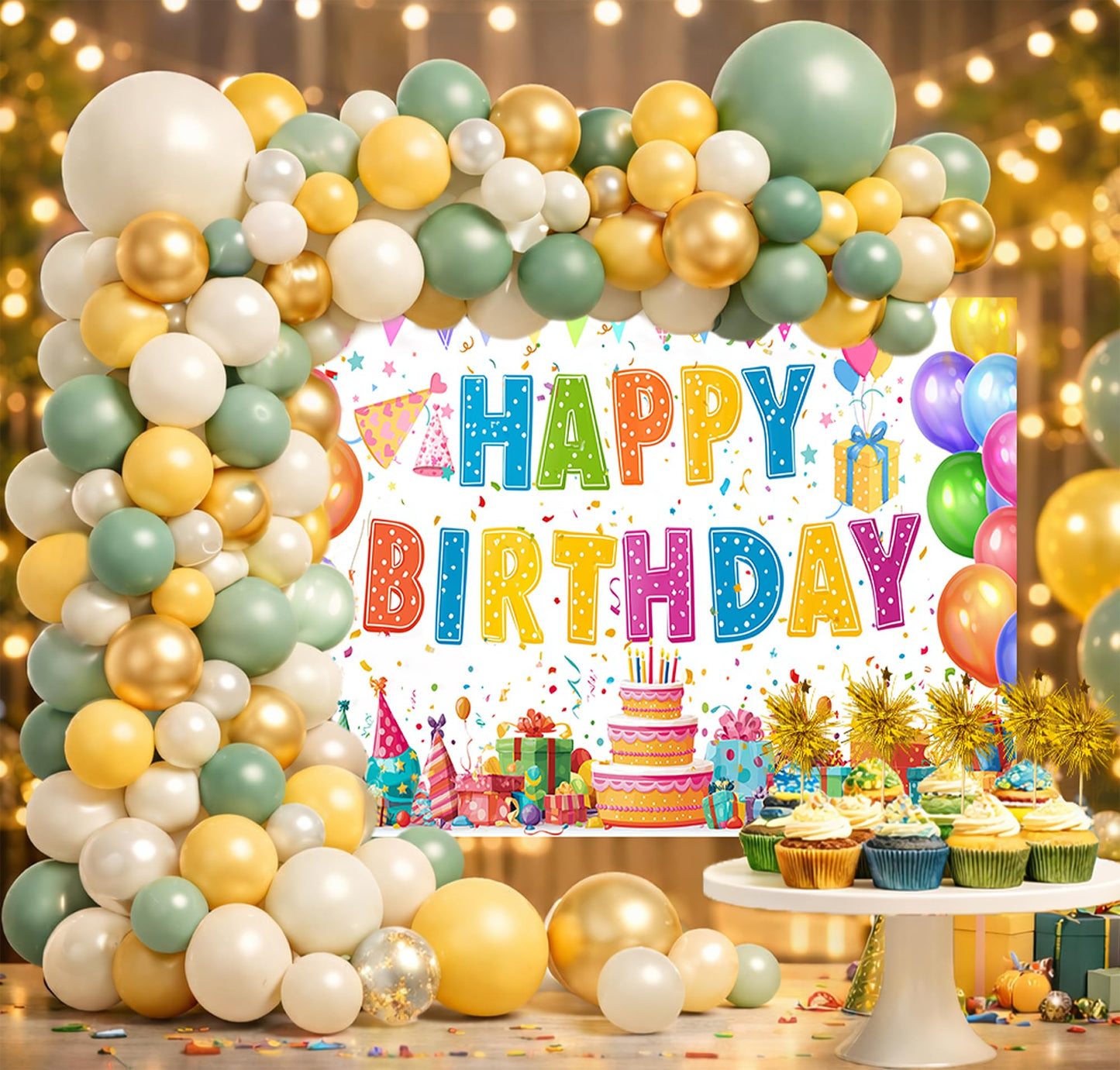 Sage Green and Gold Birthday Decorations Set for Men & Women, 131pcs Birthday Party Decor for Boys & Girls, Balloon Arch Kit, Backdrop, Cake Toppers, Happy Birthday Banner for Birthday Celebrations