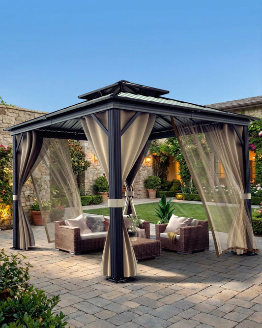 12x12 FT Hardtop Gazebo with Galvanized Steel Double Roof, Heavy-Duty Aluminum Frame Outdoor Gazebo Canopy with Mosquito Netting & Waterproof Curtains for Patio, Backyard, Deck & Lawn