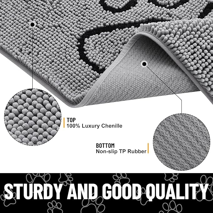 Smiry Dog Door Mat for Muddy Paws, Absorbent Dirt Trapper Non Slip Quick Dry Washable Chenille Mat for Mud Dogs, Entry Rug for Indoor and Outdoor (40x24 Inches, Grey and Black)