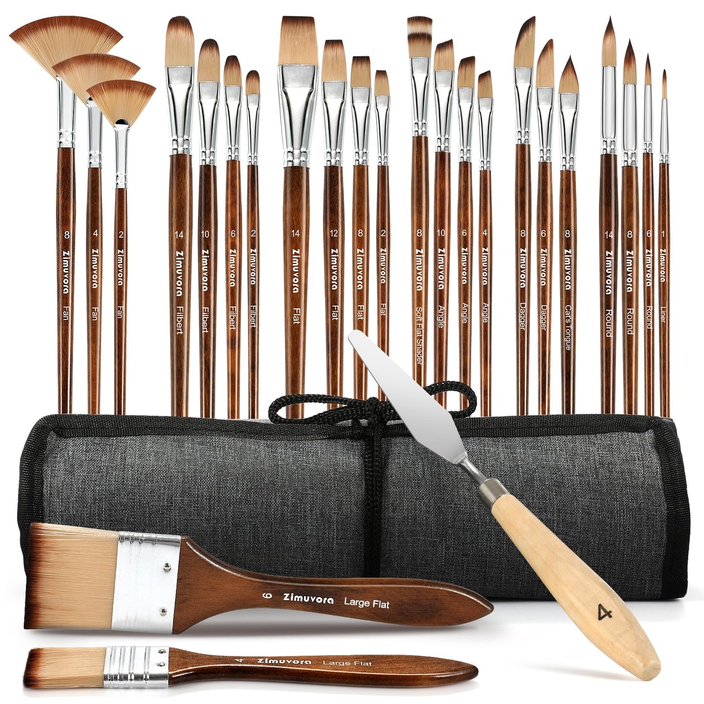 Zimuvora 25pcs Paint Brush Set, Professional Paint Brush Set with Cloth Roll and Paint Spatula, Nylon Brushes for Acrylic Painting,Watercolor,Oil,Gouache, Art Supplies for Beginners and Artists (Wood)