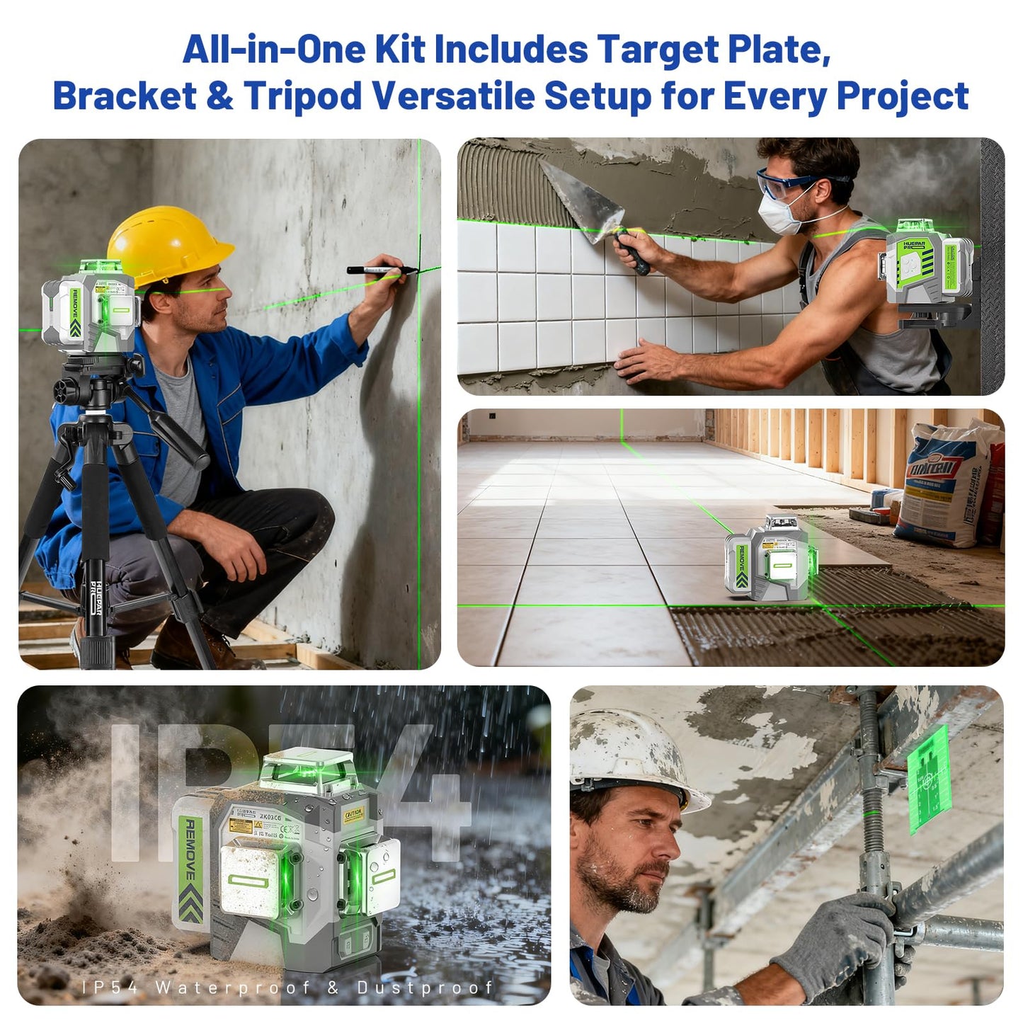 Huepar Pro Laser Level 360 Self Leveling with 50inch Tripod, 3 x 360° High Brightness Green Laser Leveler Tool for Construction, Tile and Picture Hanging, 8000mAh Li-ion Battery & Magnetic Bracket
