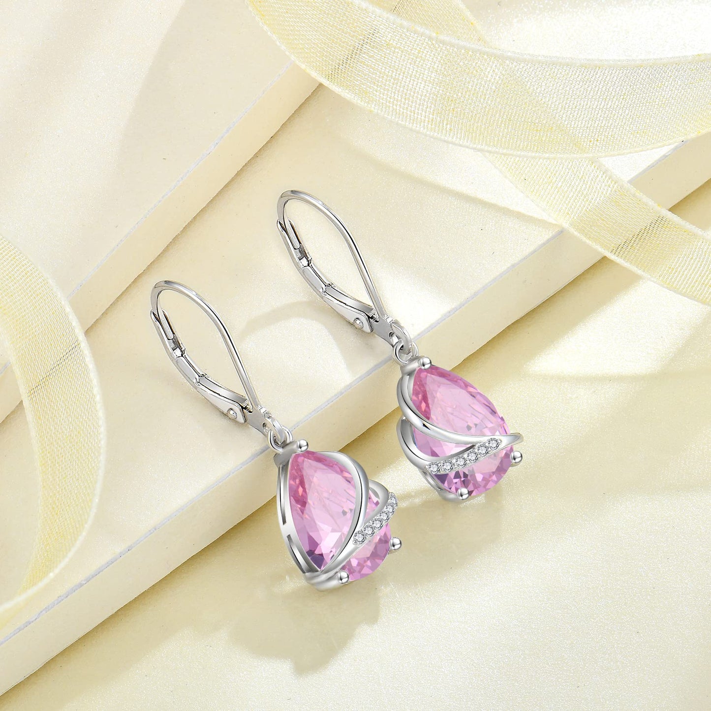 Rocayi October Birthstone Dangle Drop Earrings for Women 925 Sterling Silver Pink Tourmaline Earrings Teardrop Leverback Jewelry Gifts for Wife Girlfriend Mother Daughter Her