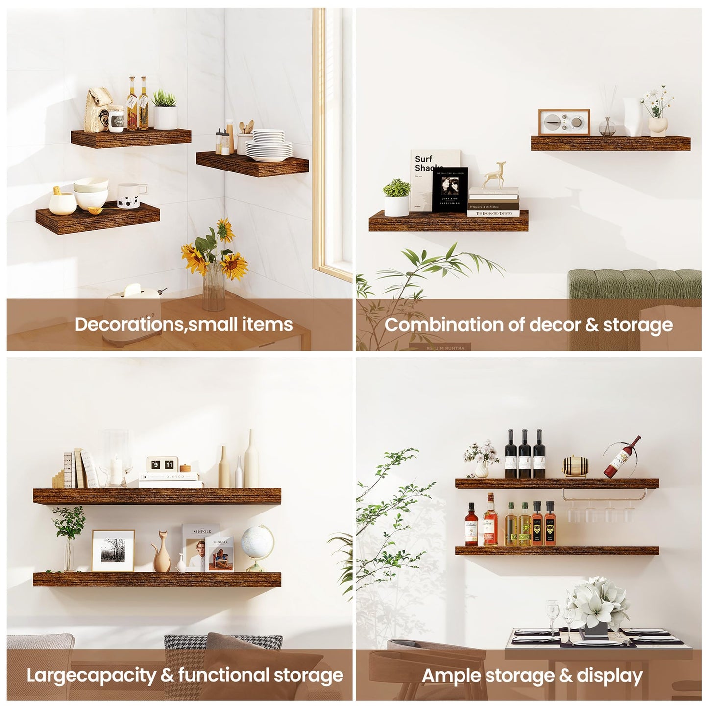 Vivelove Floating Shelves for Wall Mounted, 24 Inch Bathroom Shelves, Display Shelf for Living Room Kitchen Bedroom Office Farmhouse Home Decor, 24" X 9.3" X 1.5" - Set of 2, Rustic Brown