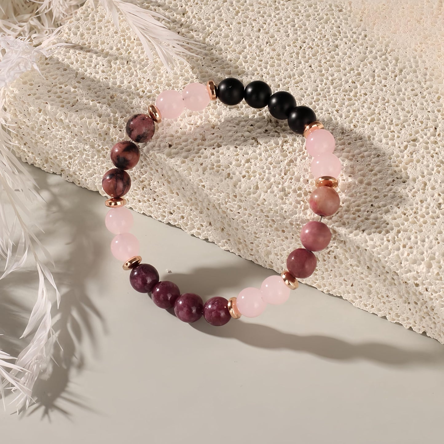 TUQBA Anxiety Relief Beaded Crystal Bracelet for Women Natural Gemstone Beaded Jewelry, Mothers Days Gifts, Christmas, Birthday gift, Onyx, Rose Quartz, Carnelian & Rhodonite