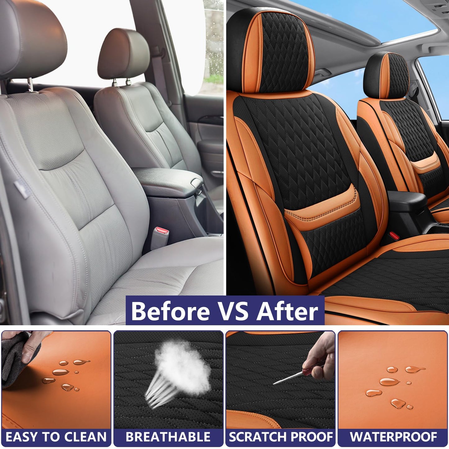 Leather Car Seat Covers,Car Seat Covers Full Set,Automotive Seat Covers 5 Seats,Fit for Most Cars SUVs Sedans Hatchbacks Crossovers,Breathable Waterproof Full Wrapping Edge Seat Covers BrownBlack