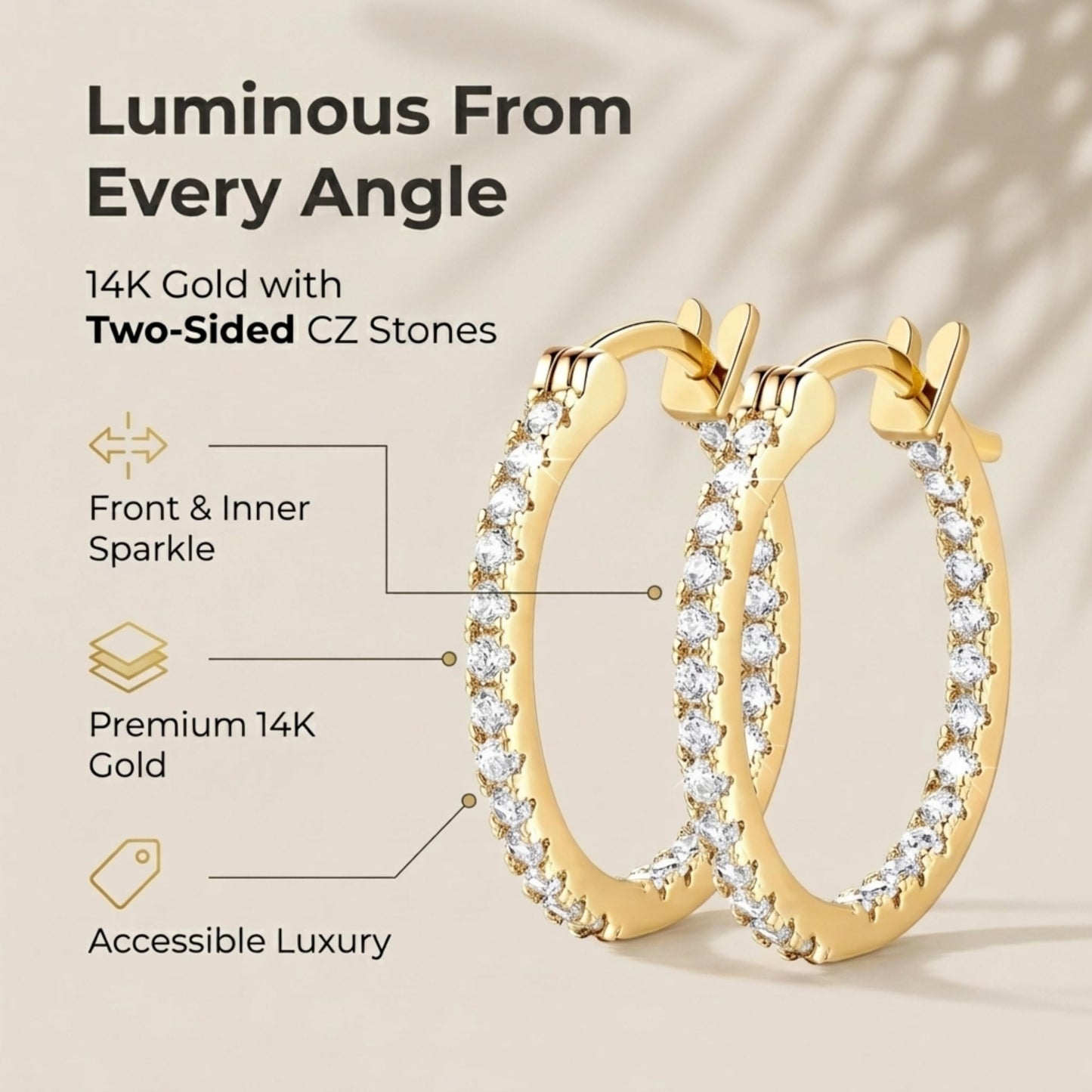 Suiune 14K Yellow Gold Hoop Earrings for Women, Hypoallergenic Dual-Sided Cubic Zirconia Hinged Hoops Jewelry for Woman, 2mm x 20mm